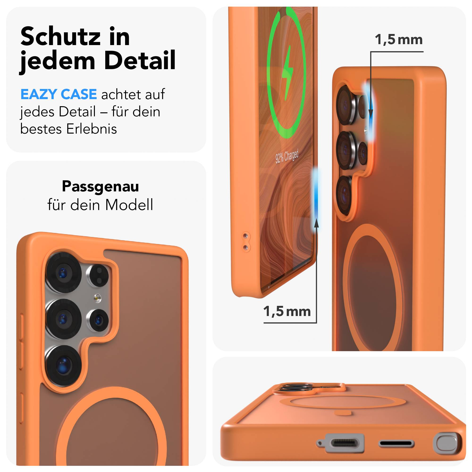 Orange Handyhülle mit Kamerausschnitt und Ladeanzeige. 1,5mm Dicke.