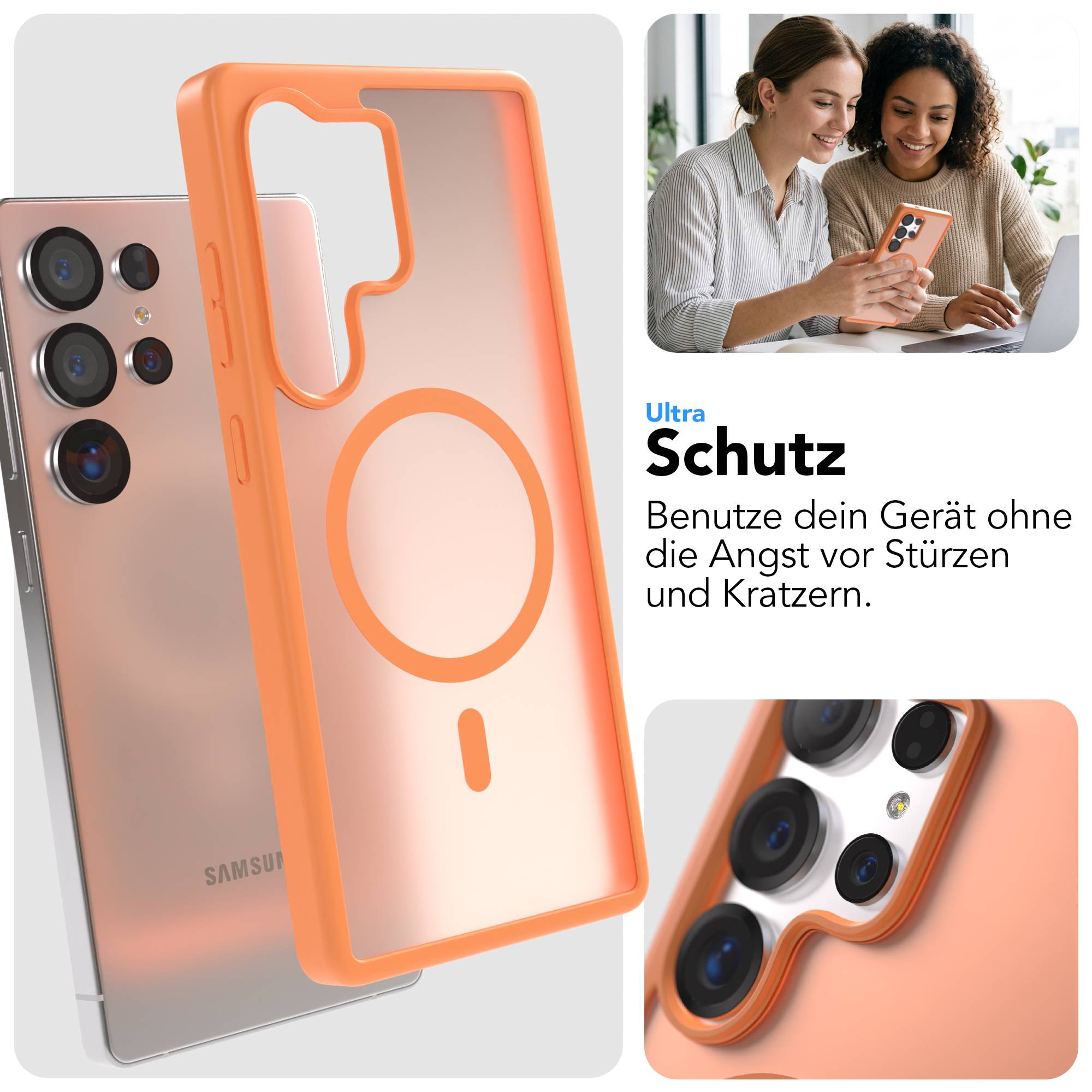 Orangefarbener Handy-Schutz mit Magnetring, der ein Handy und zwei Frauen zeigt.