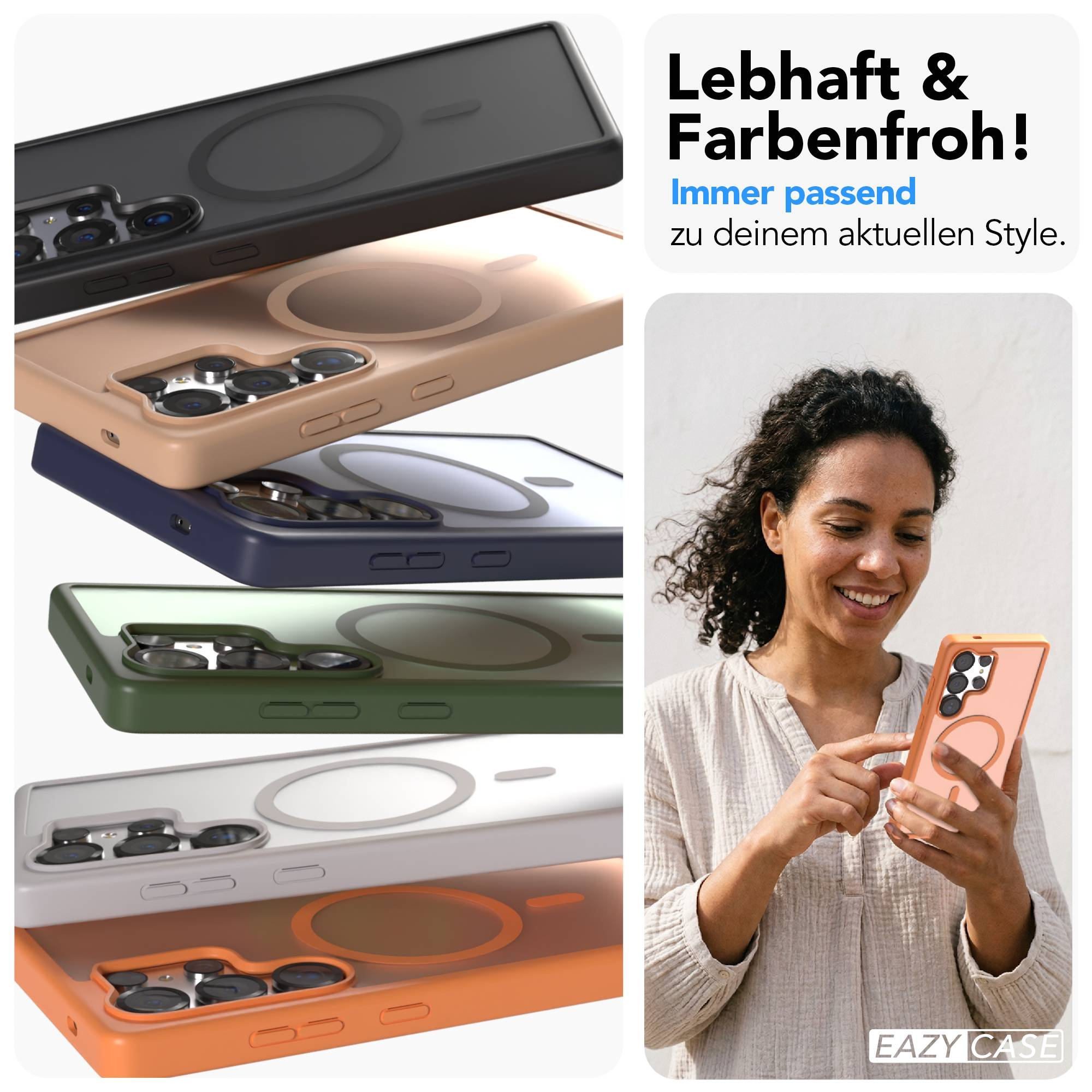 Eine Frau hält ein Handy in einer rosafarbenen Hülle. Mehrere Handyhüllen sind gestapelt.