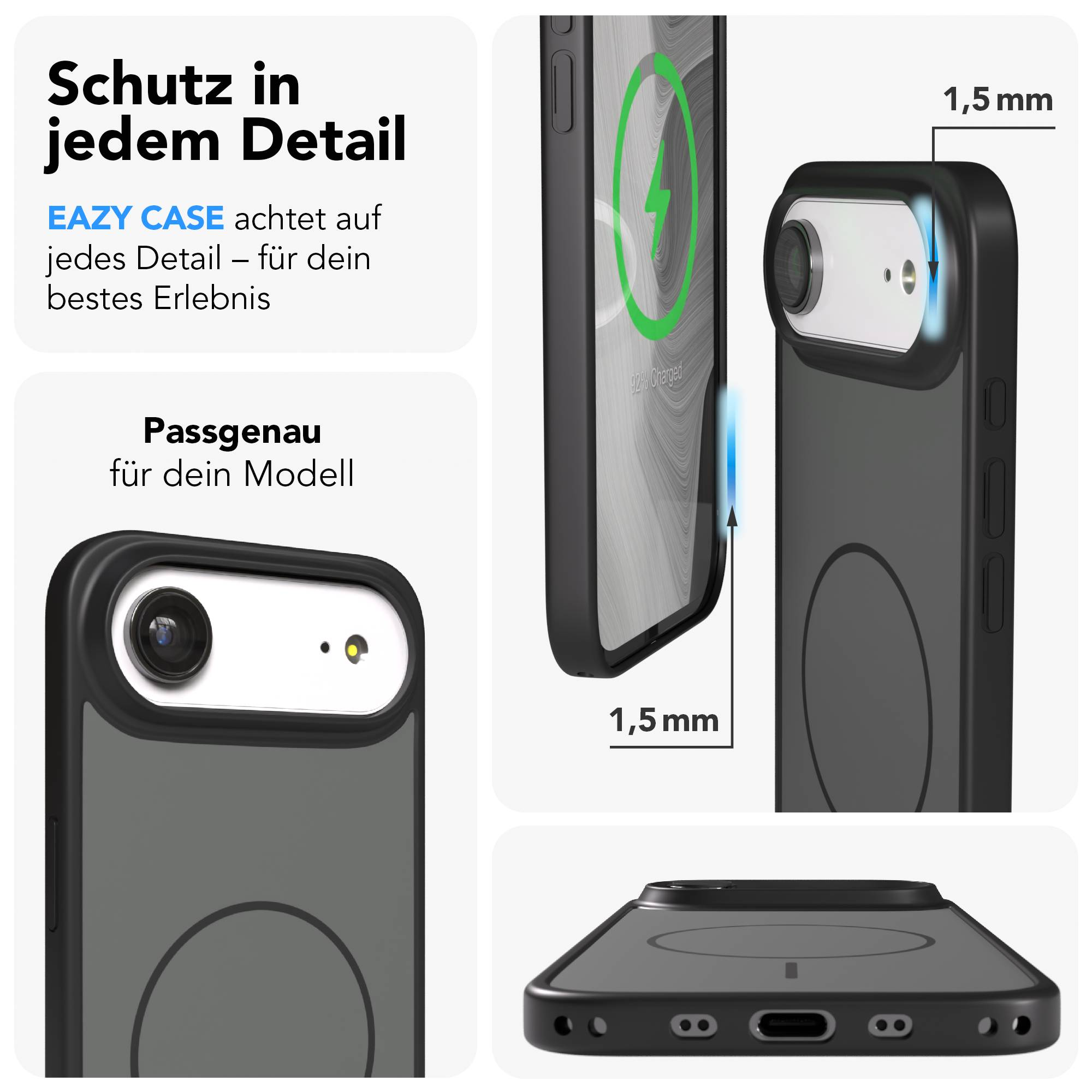 Schwarze Handyhülle mit Kameraaussparung und Ladeanzeige. 1,5 mm.