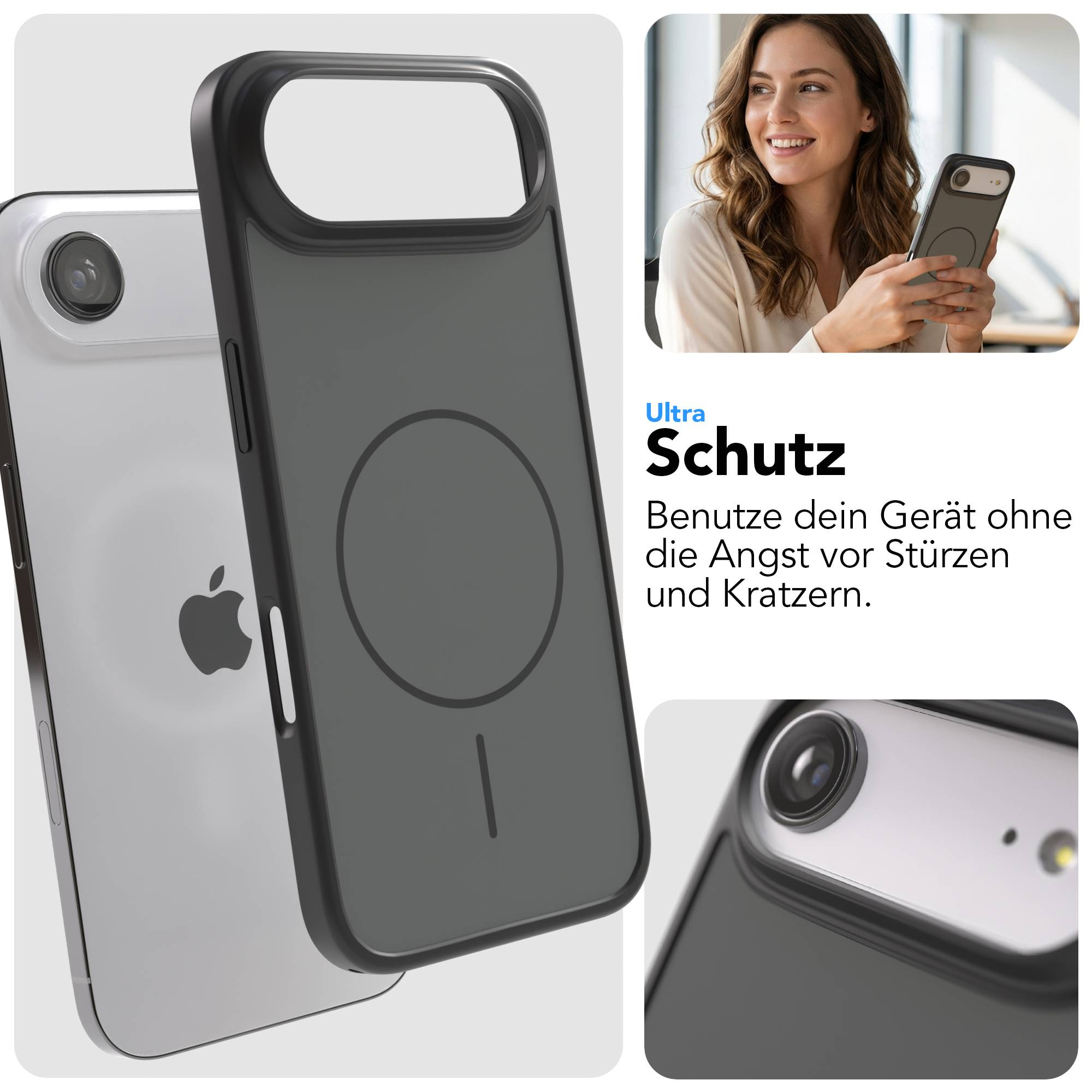 Grauer Handyhülle mit Magnetring auf einem iPhone. Frau hält Handy.