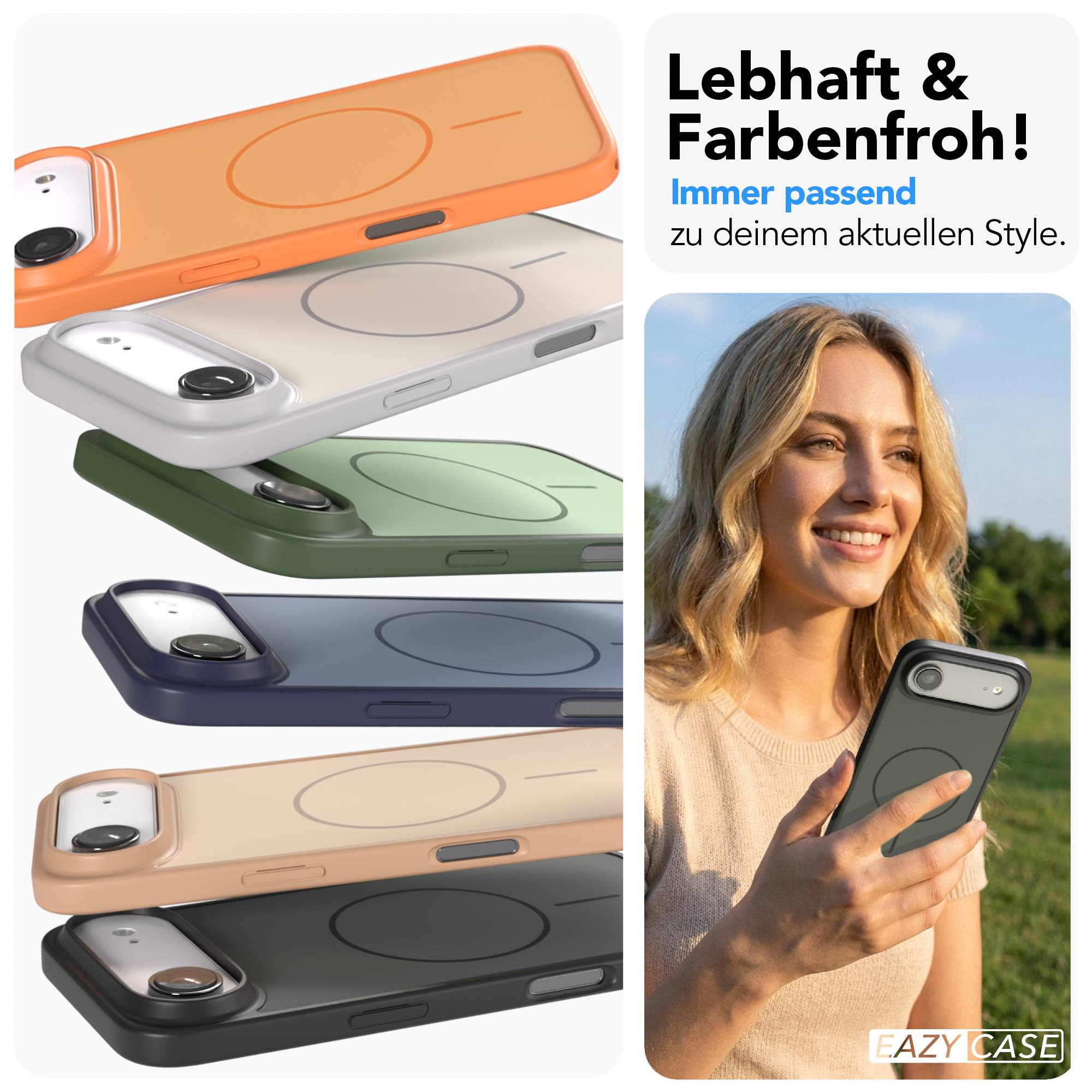 Bunte Handyhüllen und eine Frau mit Handy im Freien.