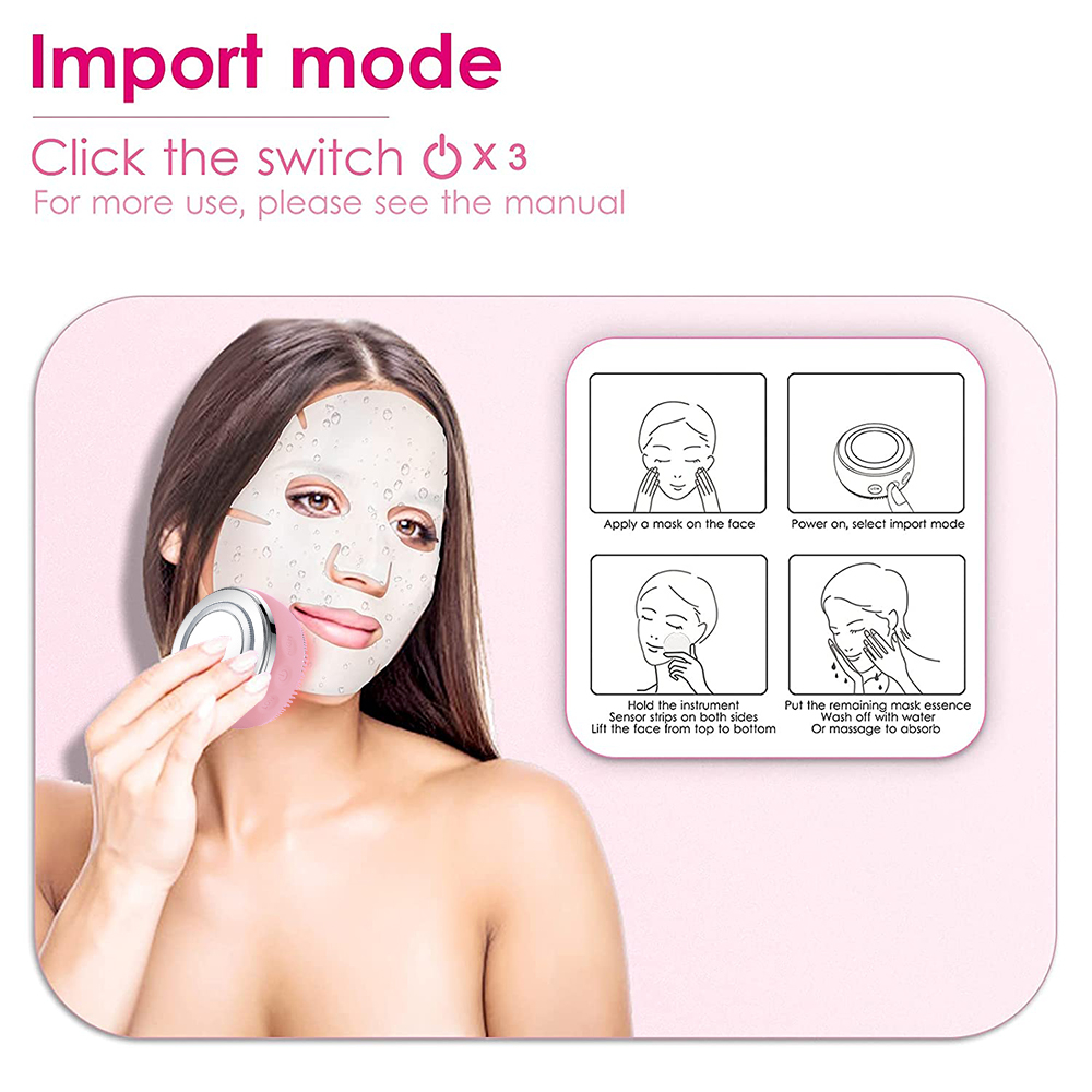 Frau mit Gesichtsmaske und Gerät, Anleitungsdiagramme im Hintergrund.