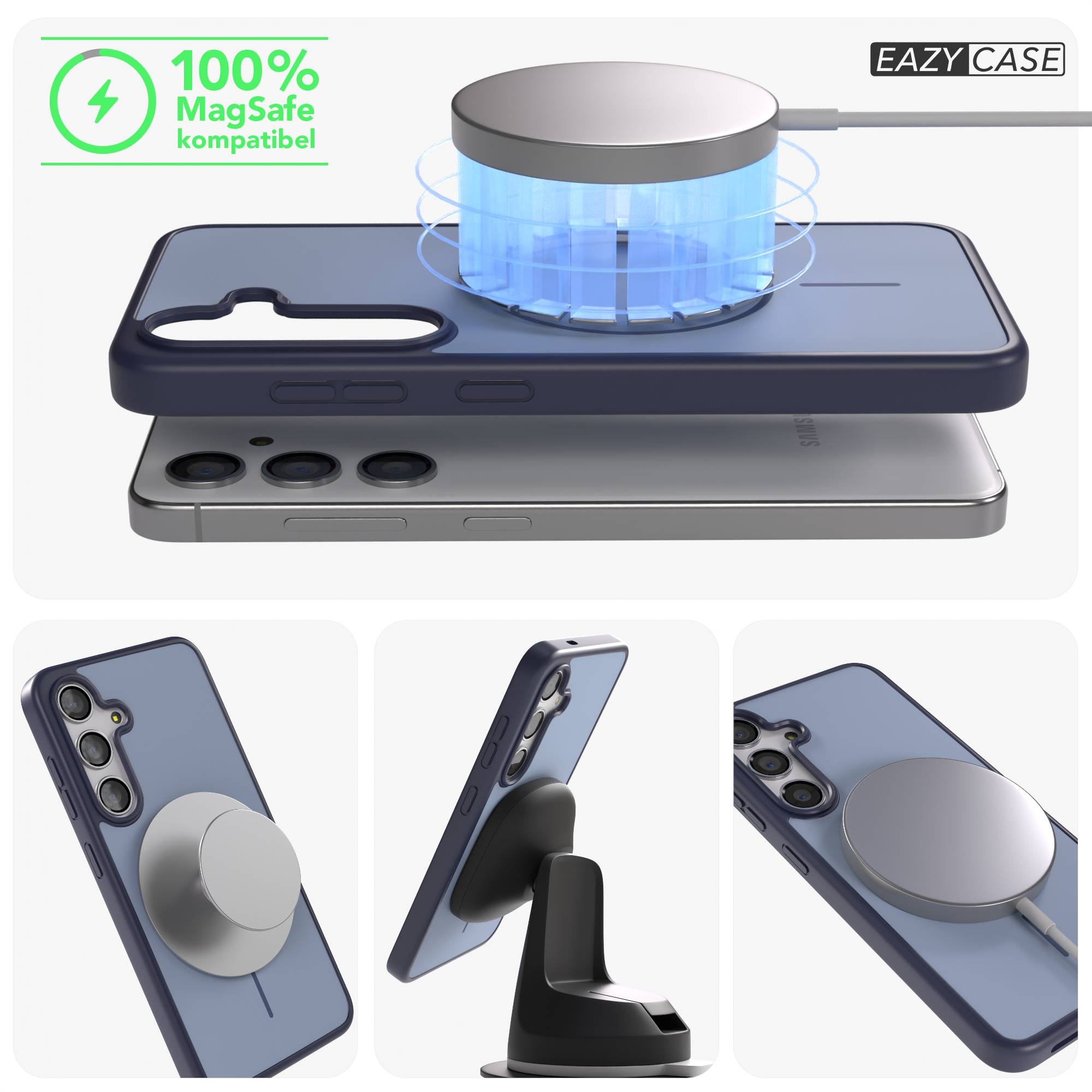 Blaues Handy mit MagSafe-Ladegerät und Hülle, auf einem Ständer.