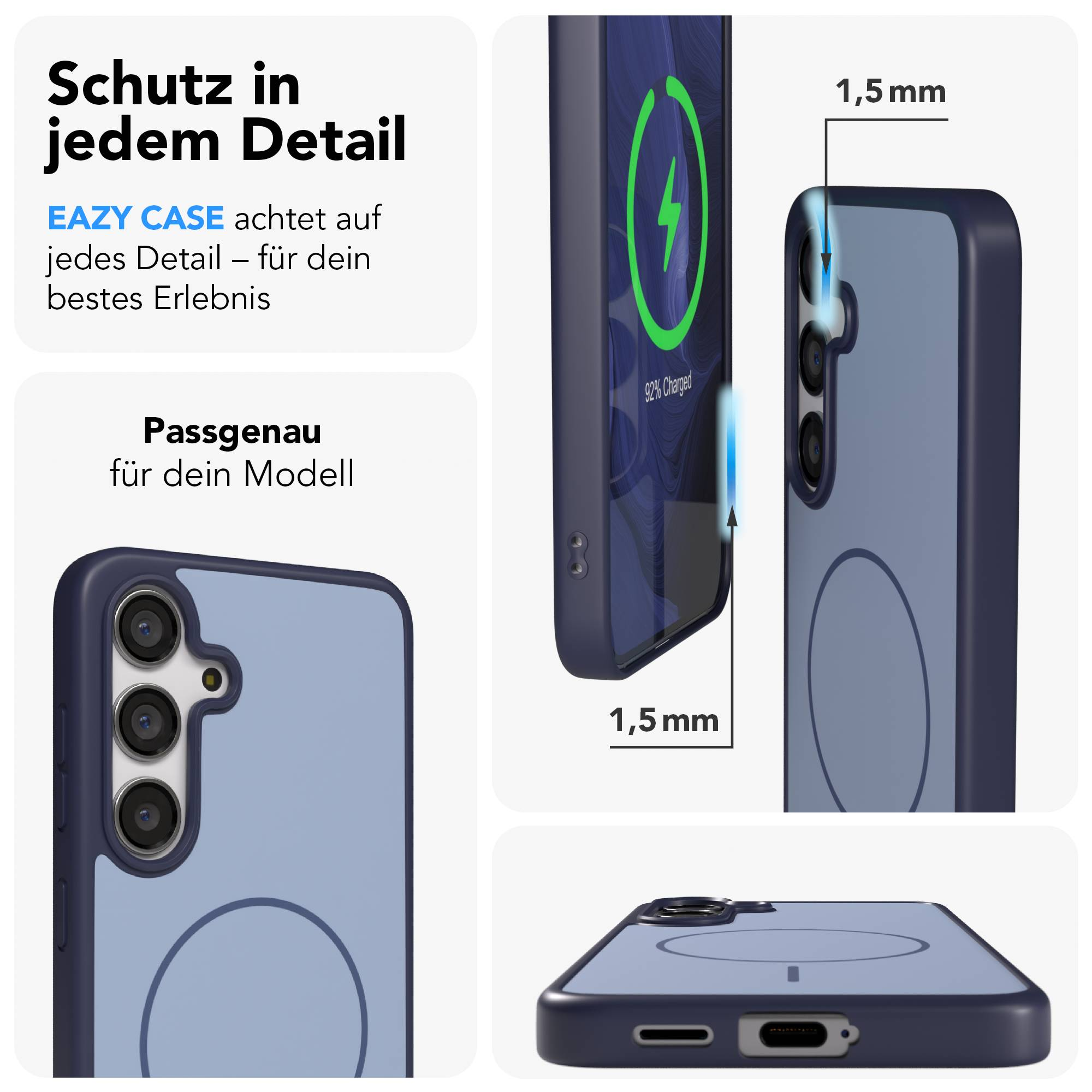Ein dunkelblaues Handycase mit einer Aussparung für die Kamera und einem 1,5mm Rand.