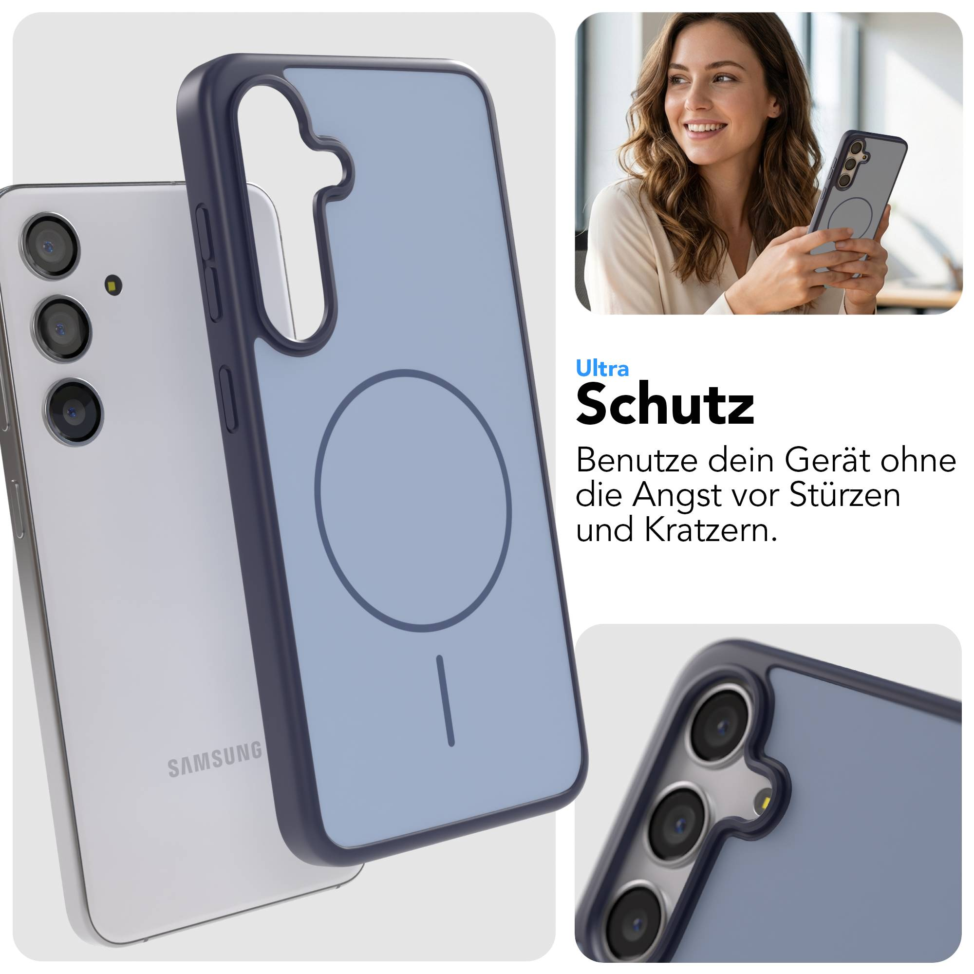 Ein Samsung-Handy mit blauem Case und einem kreisförmigen Muster.