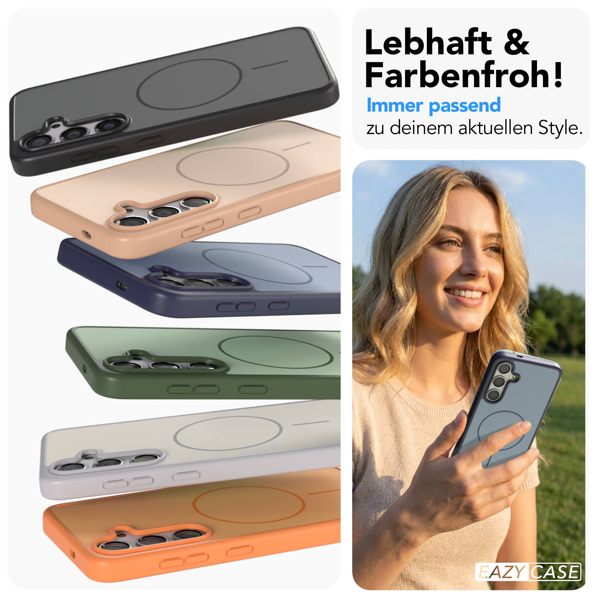 Eine Frau hält ein Handy in einer graublauen Hülle. Mehrere farbige Hüllen sind gestapelt.