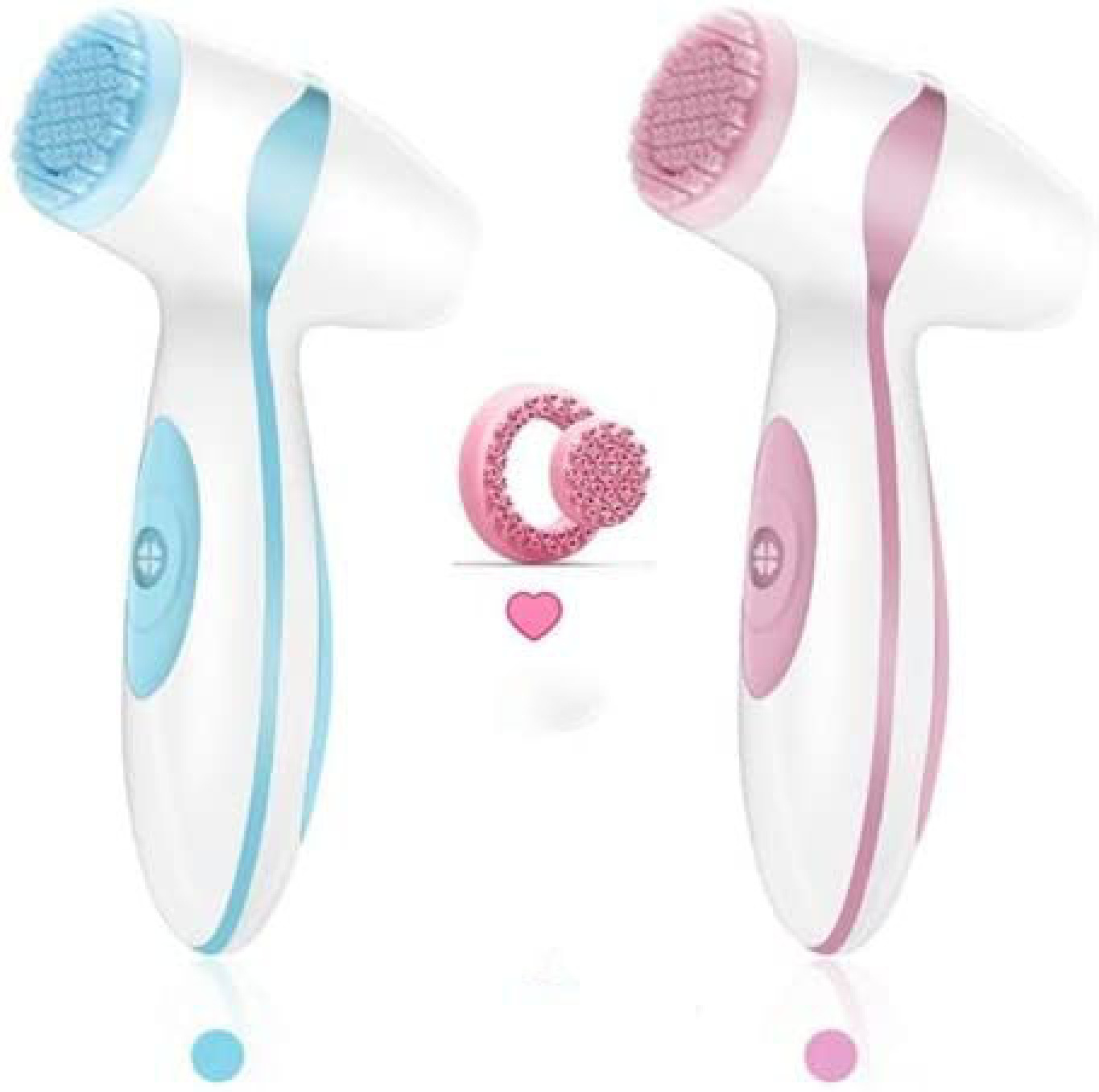 Zwei Gesichtsreinigungsbürsten, eine blau und eine rosa, mit Ersatzköpfen.