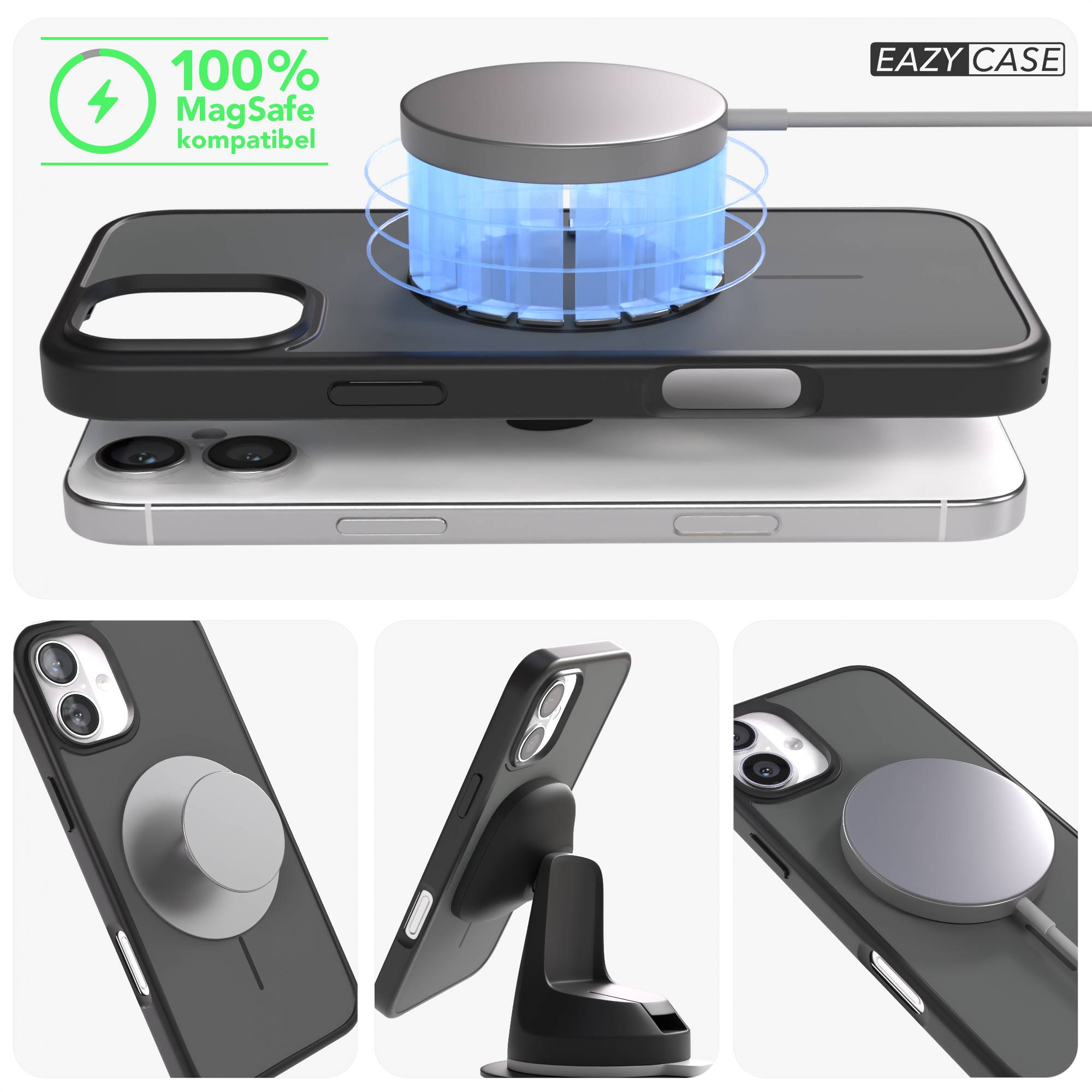Ein schwarzes iPhone-Case mit MagSafe-Ladegerät und blauem Licht