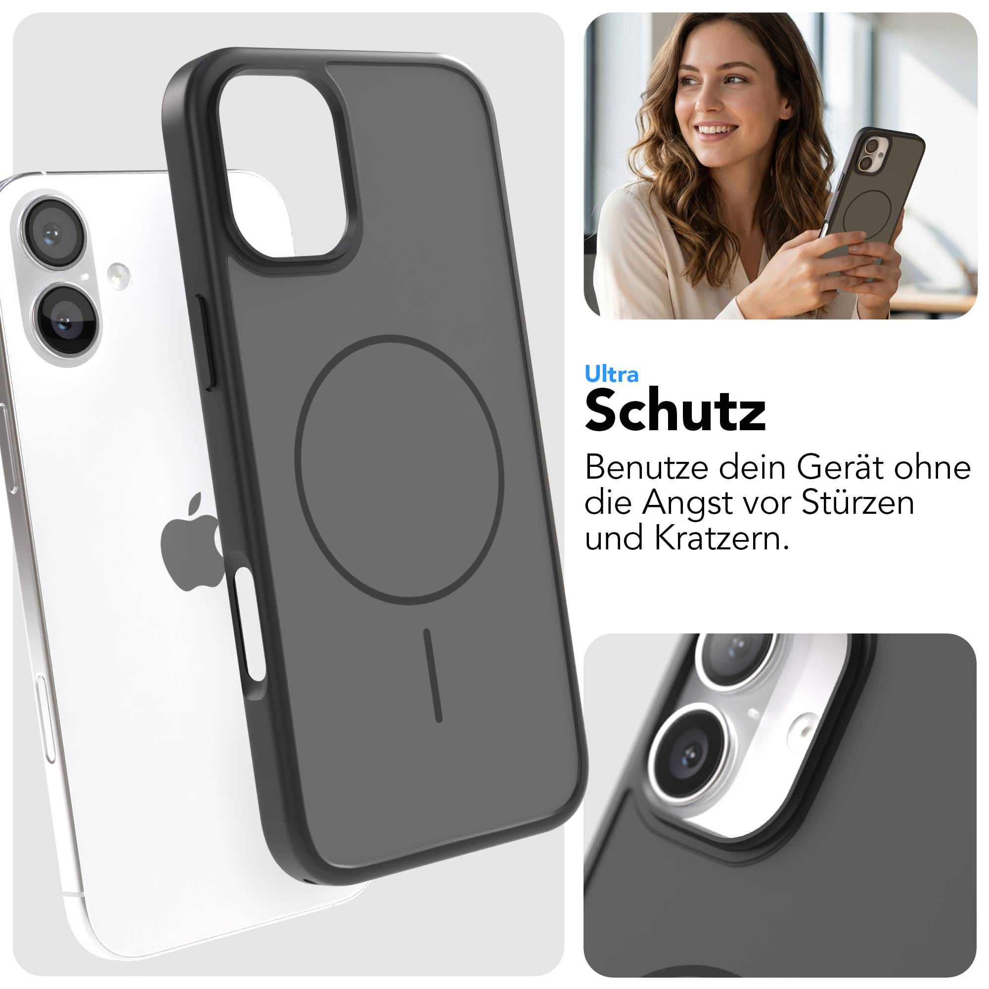 Ein dunkler Handy-Schutz auf einem weißen iPhone. Ein Kreis ist abgebildet.