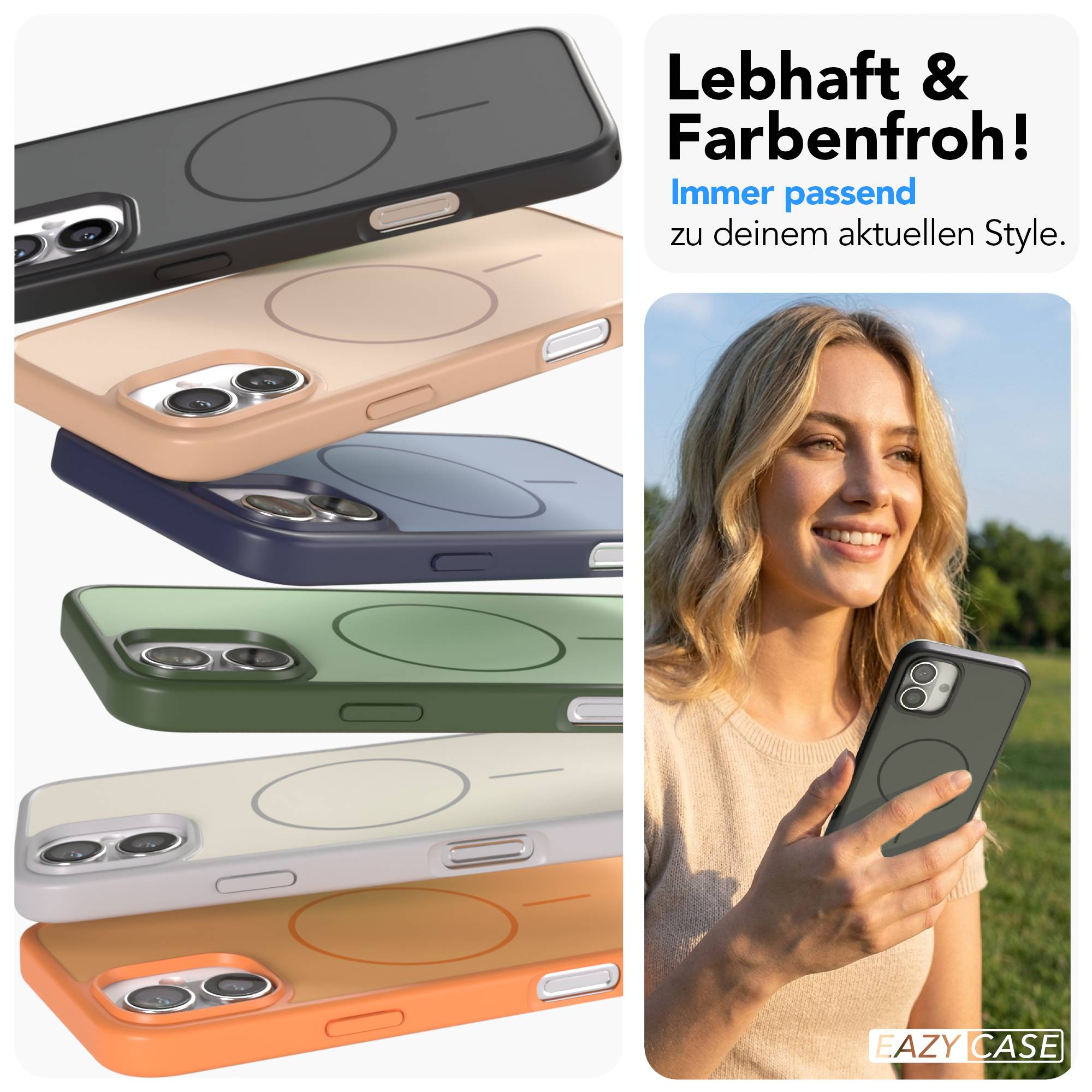 Stapel von bunten Handyhüllen und eine Frau mit einem Handy.