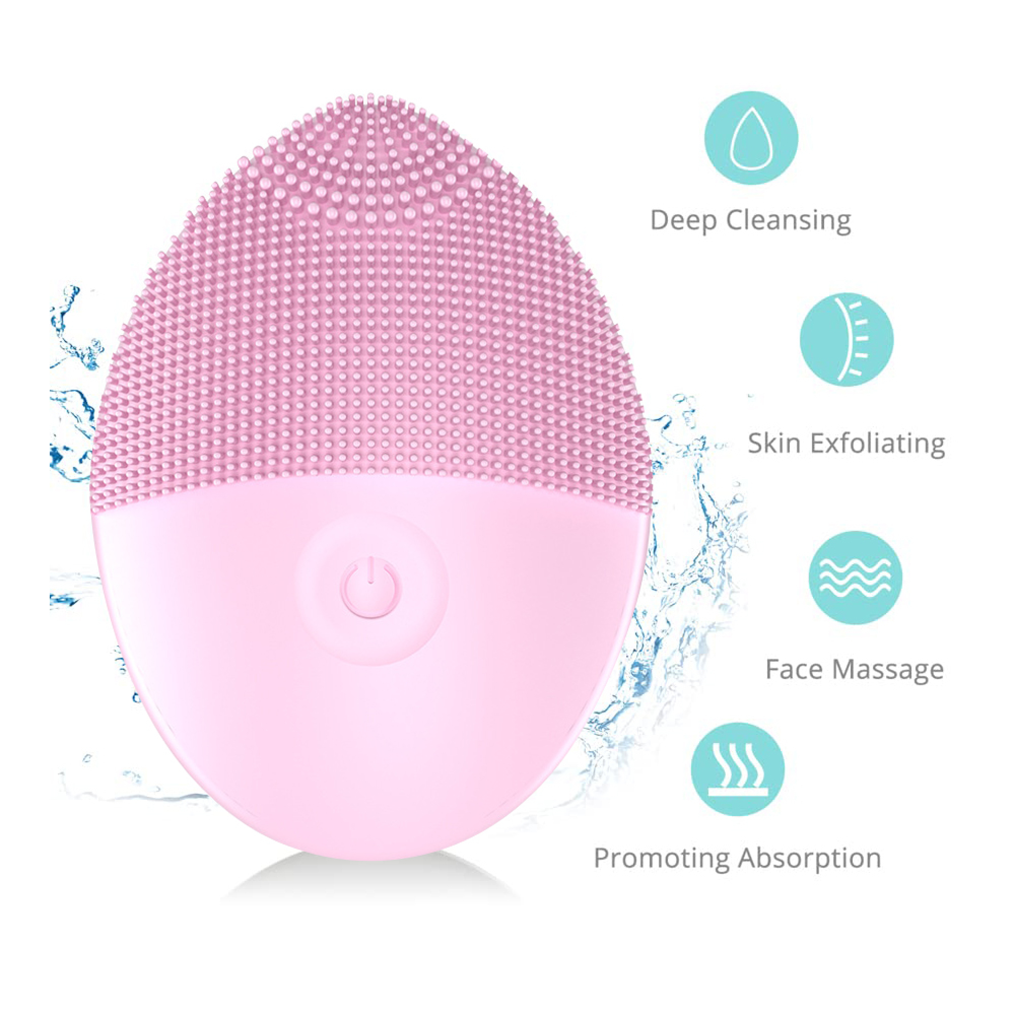 Ein rosafarbener Gesichtsreiniger mit einem Power-Button und Wasser-Spritzern.