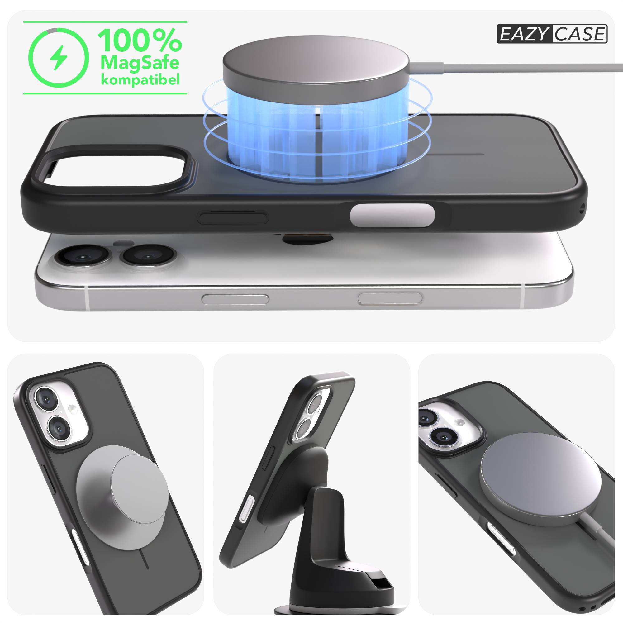 Ein schwarzes iPhone mit MagSafe-Ladegerät und Halterung.