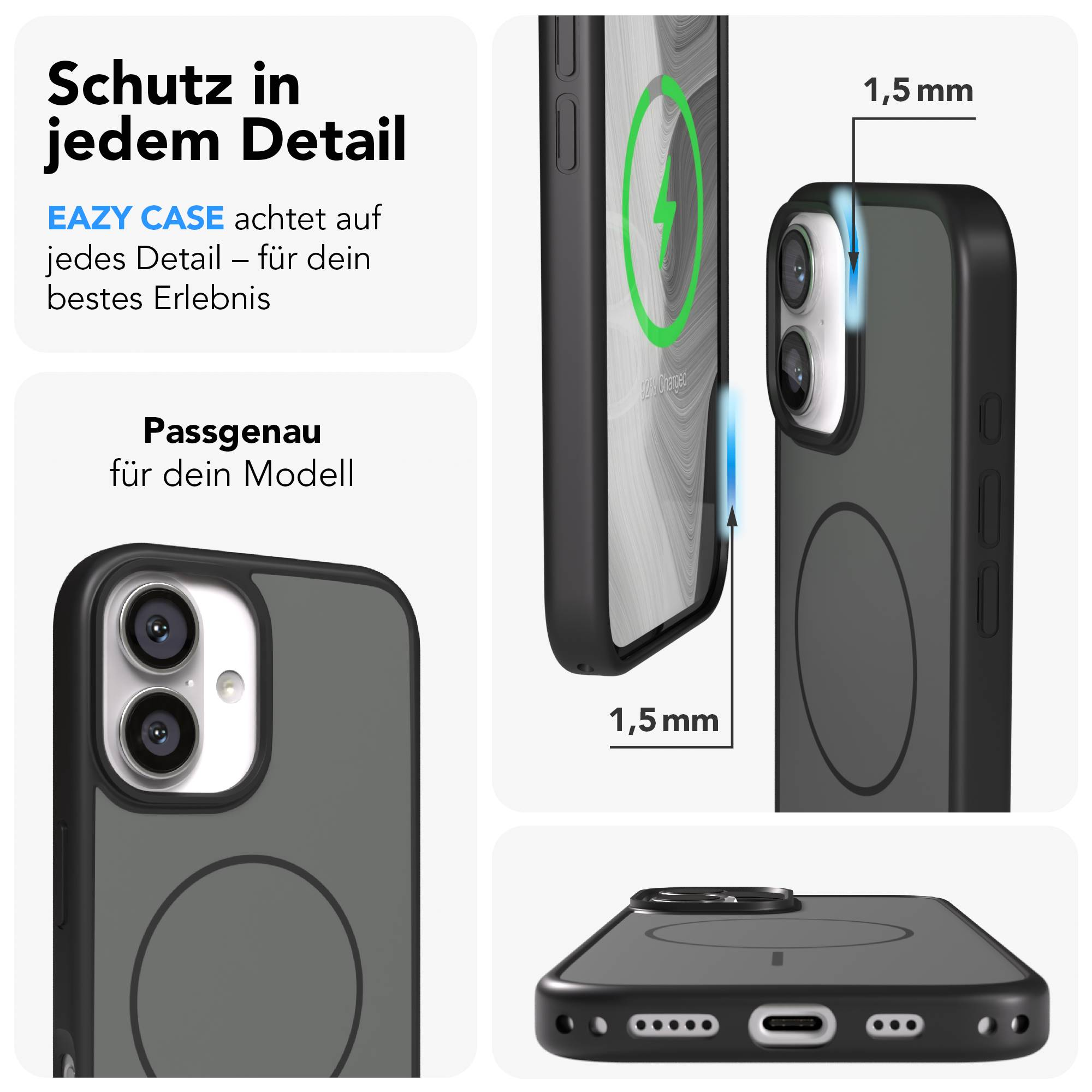 Ein schwarzes Handycover mit erhabenen Kanten schützt ein Handy.