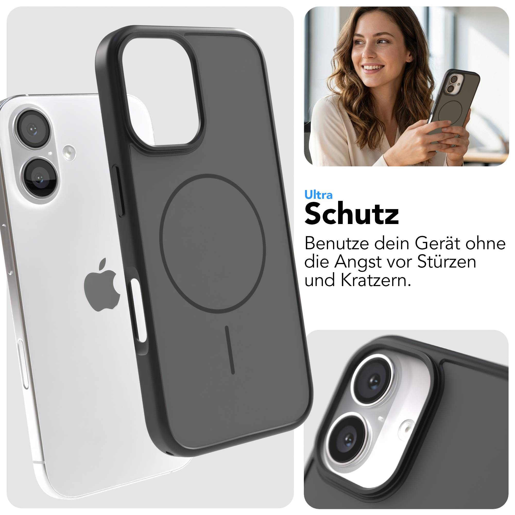 Ein silbernes iPhone mit einer schwarzen Hülle, die Rückseite ist zu sehen.