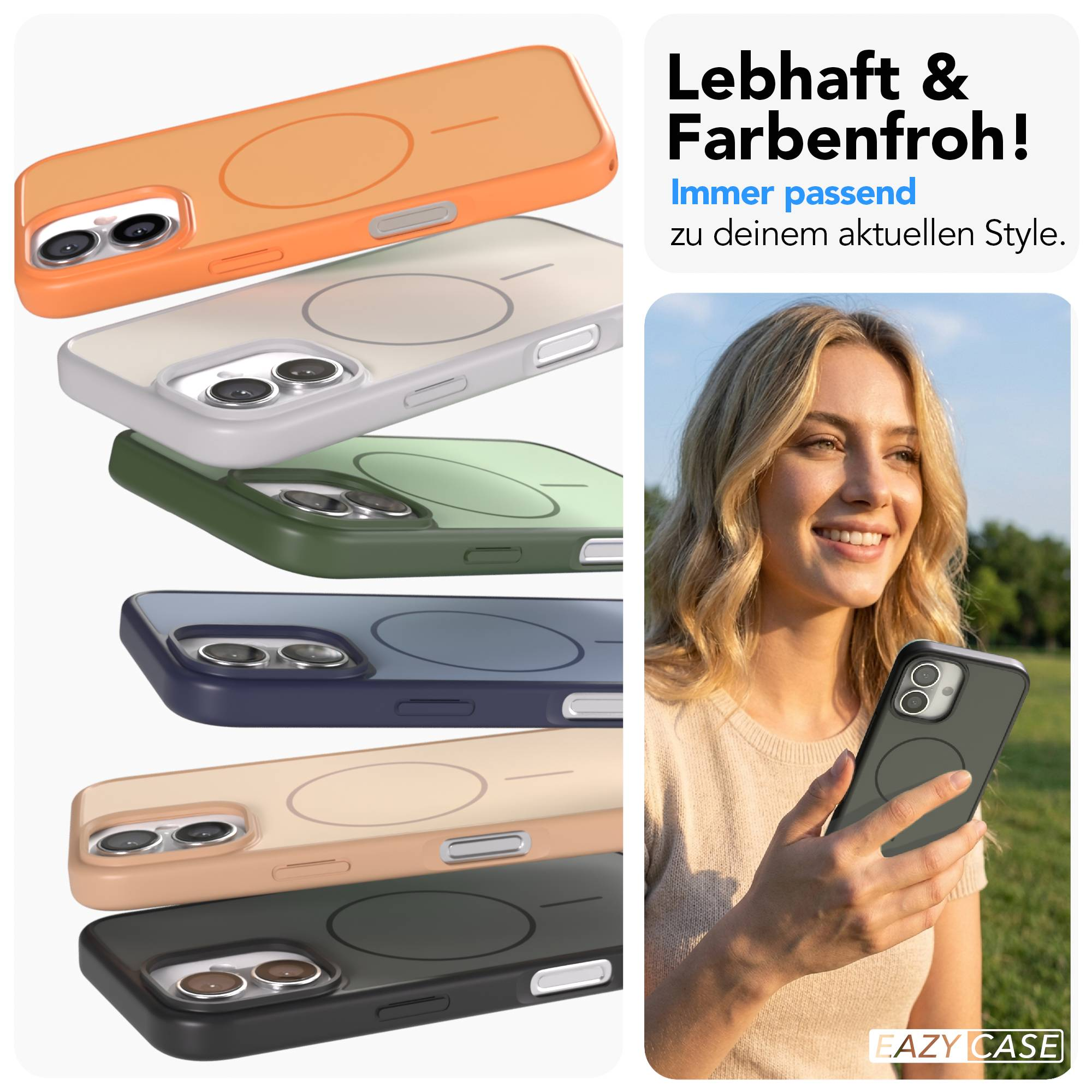 Mehrere farbige Handyhüllen für iPhones, eine Frau hält eine graue Hülle.