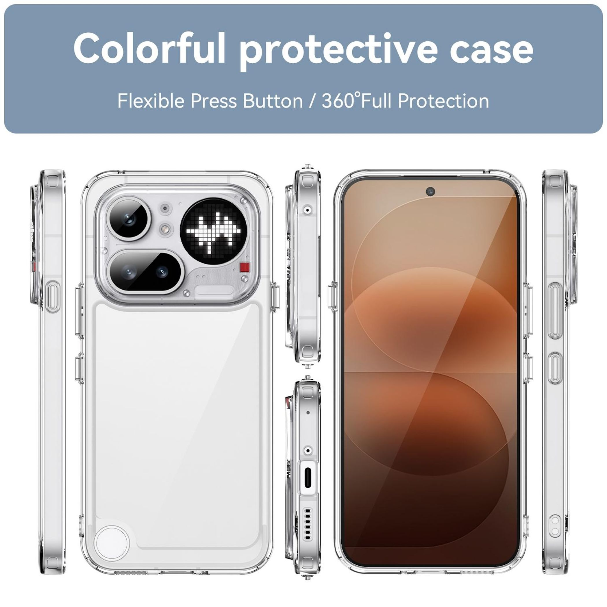 Mehrere Ansichten einer transparenten Handyhülle mit einem Handy darin, die Kamera, Tasten und Kanten zeigen.