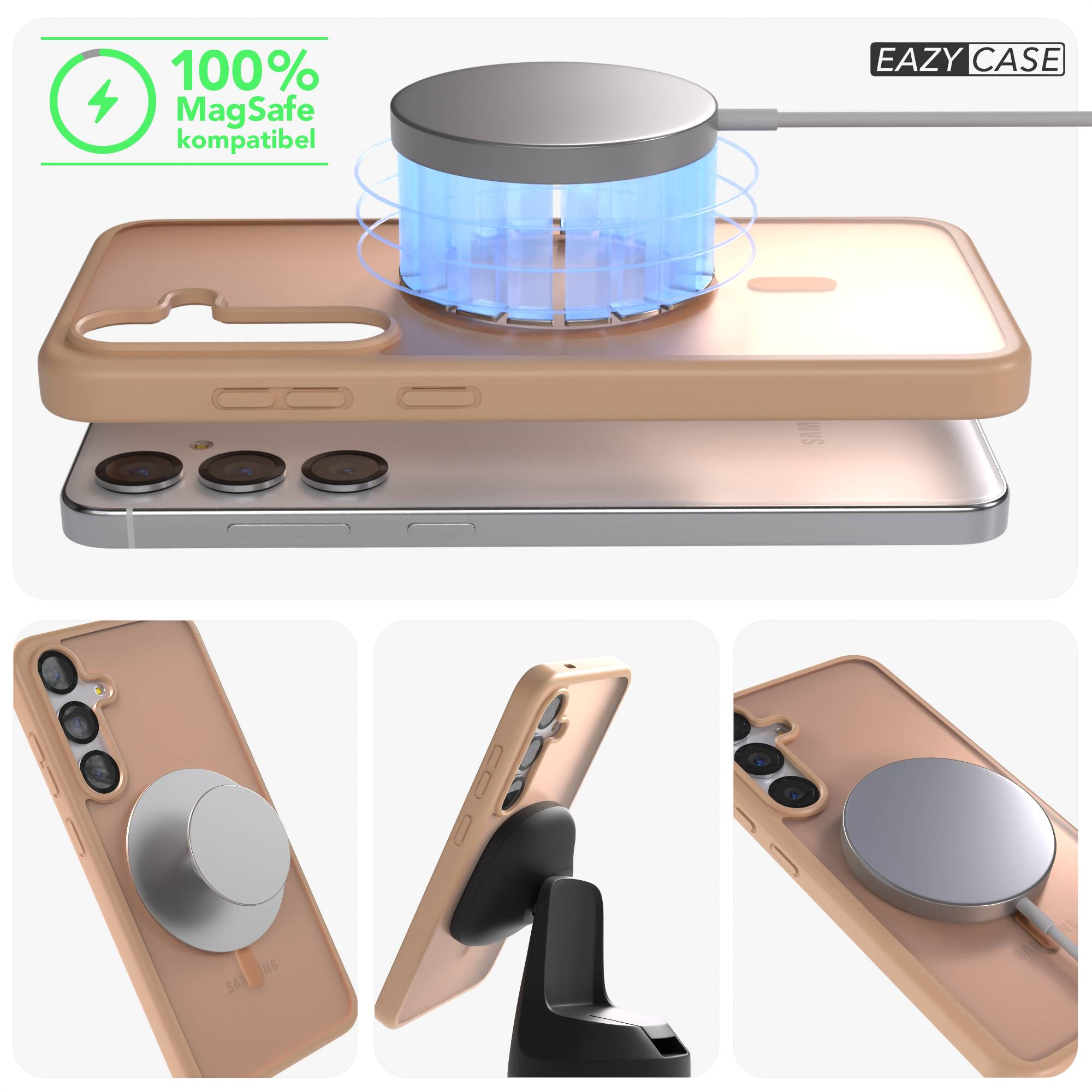 Braune Handyhülle mit MagSafe-Ladegerät und Handy-Ständer.