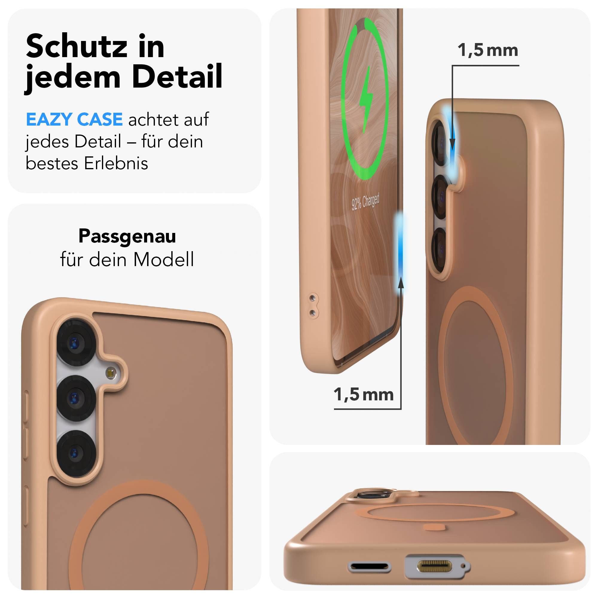 Eine Handyhülle in Beige mit Kameraausschnitt und Ladeanzeige.