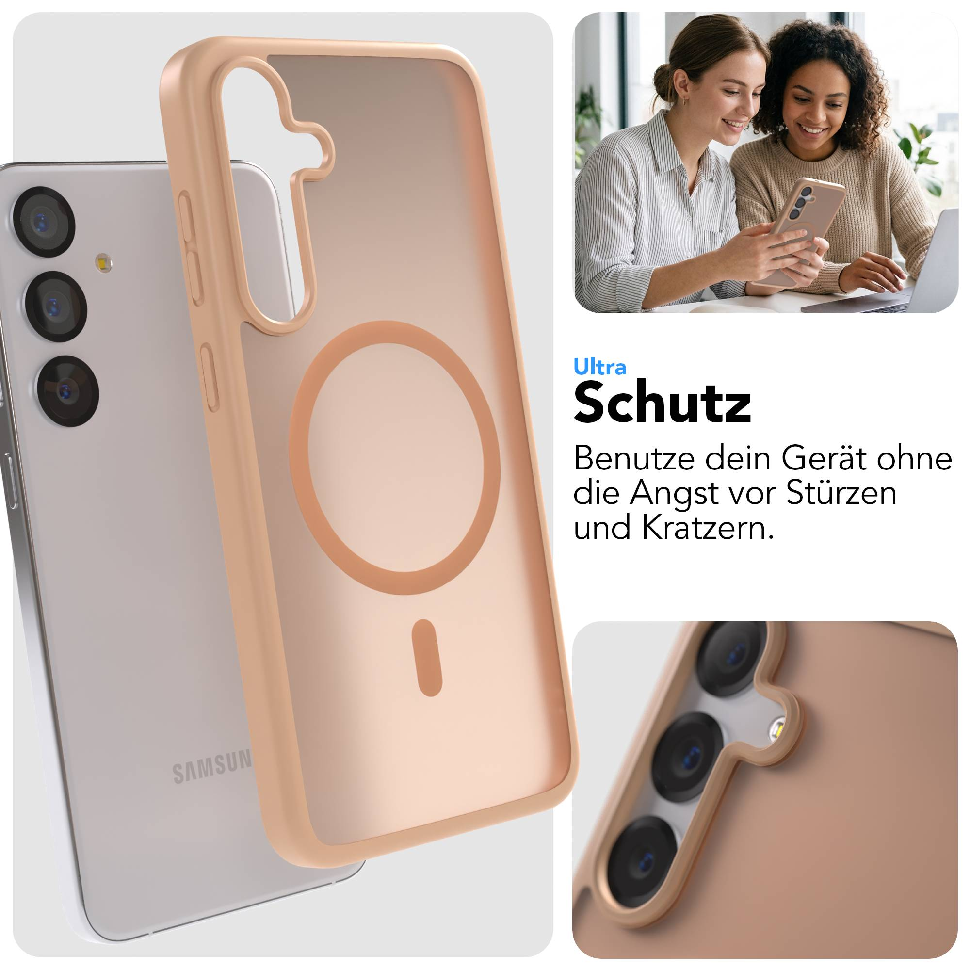 Ein Handy mit einer rosafarbenen Hülle, MagSafe-Ring und drei Kameras.