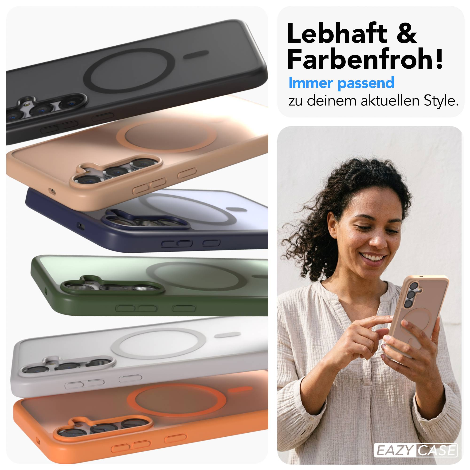 Mehrere Handyhüllen in verschiedenen Farben gestapelt, daneben eine Frau mit Handy.