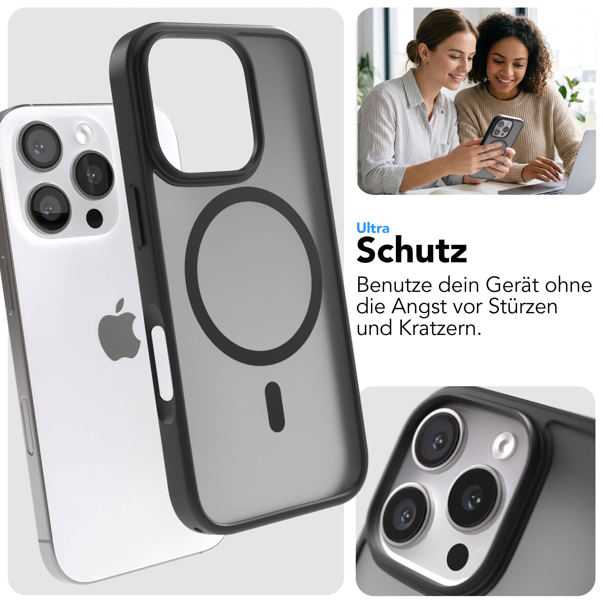 Ein schwarzes iPhone-Case mit Magnetring, daneben ein iPhone 15 Pro.
