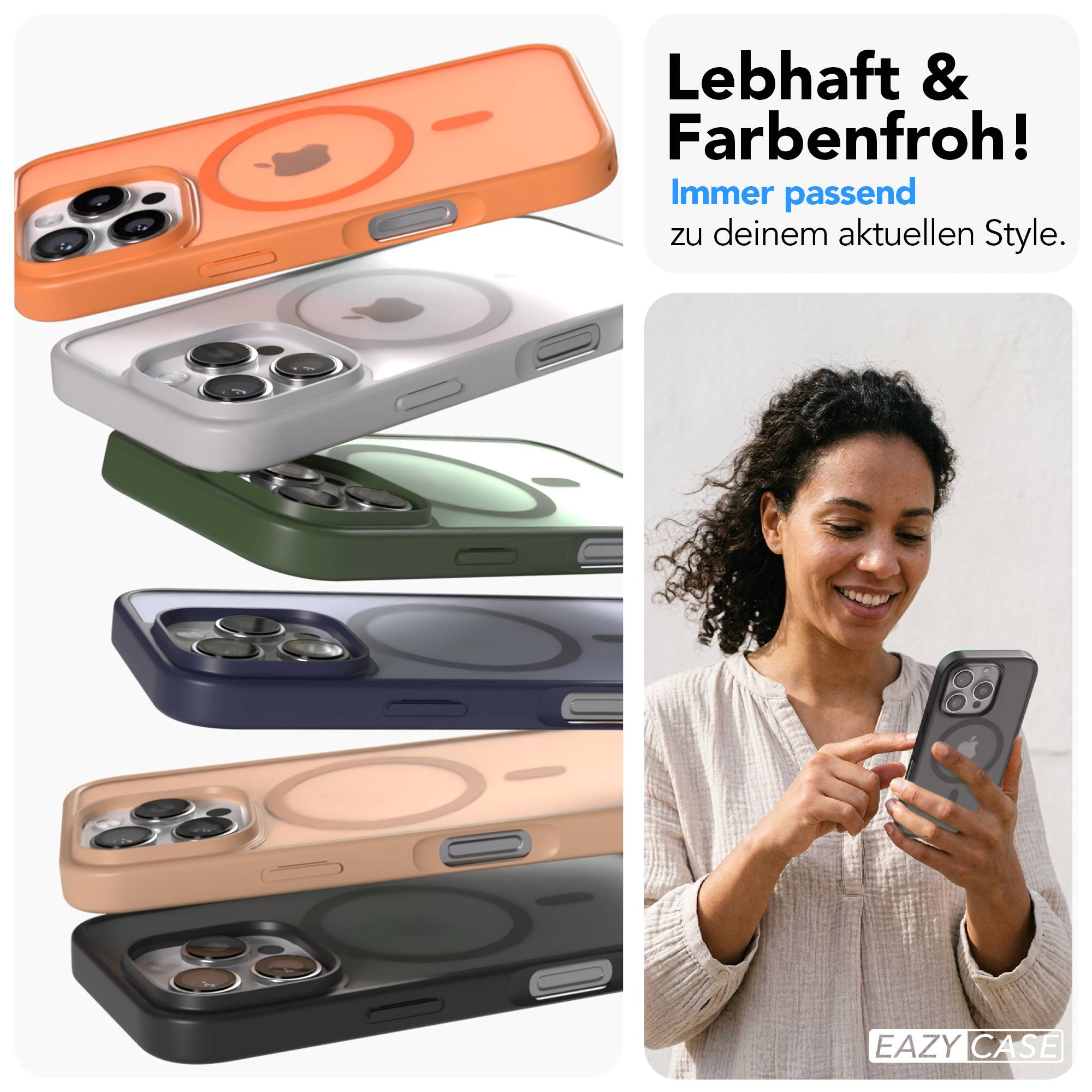 Fünf iPhone-Hüllen in verschiedenen Farben, eine Frau hält ein Handy.