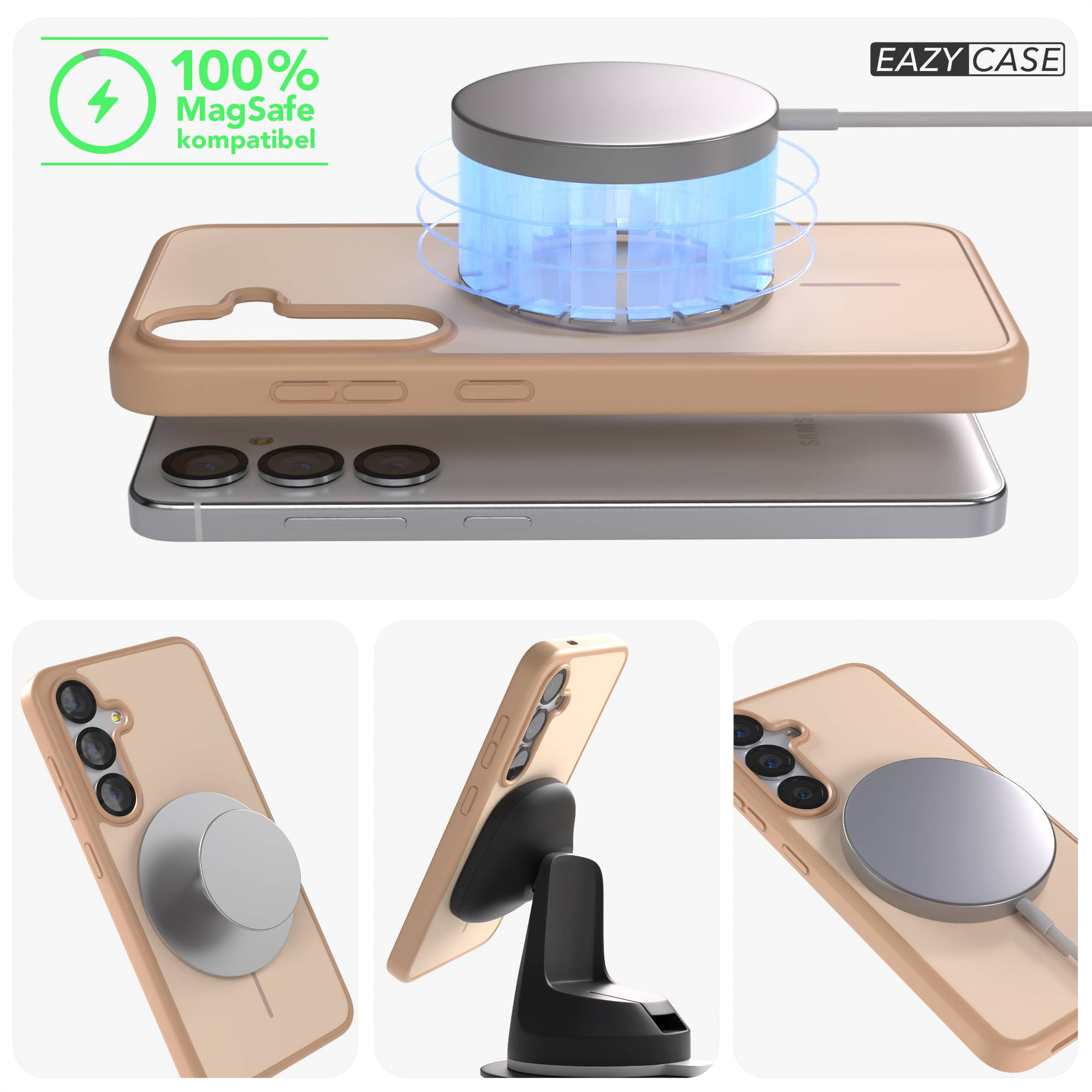 MagSafe-kompatible Hülle mit Smartphone und Ladegerät.