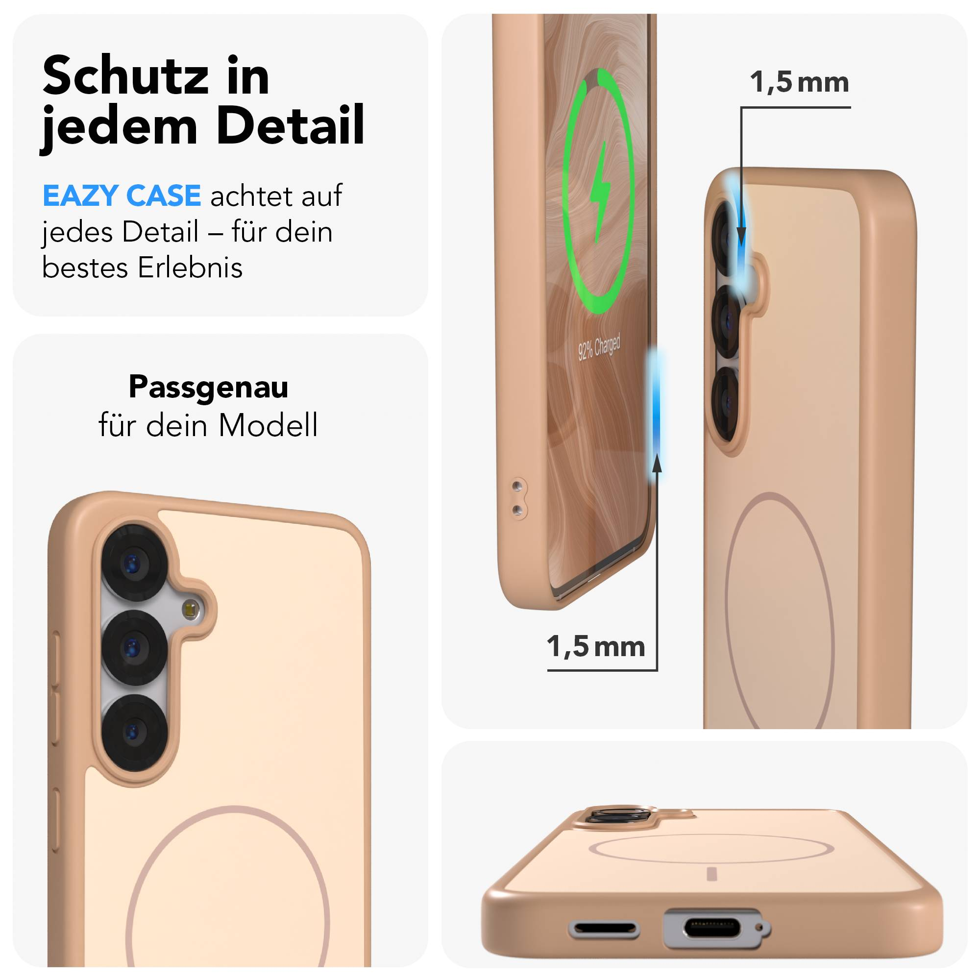 Ein hellbraunes Handycover wird gezeigt, mit Fokus auf Details wie Kameras und Ladeanschluss.