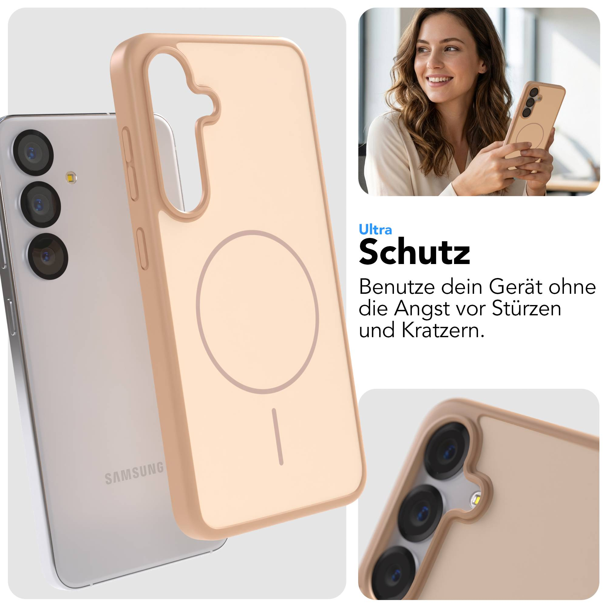 Ein beiger Handy-Schutz mit einem Samsung-Telefon daneben.