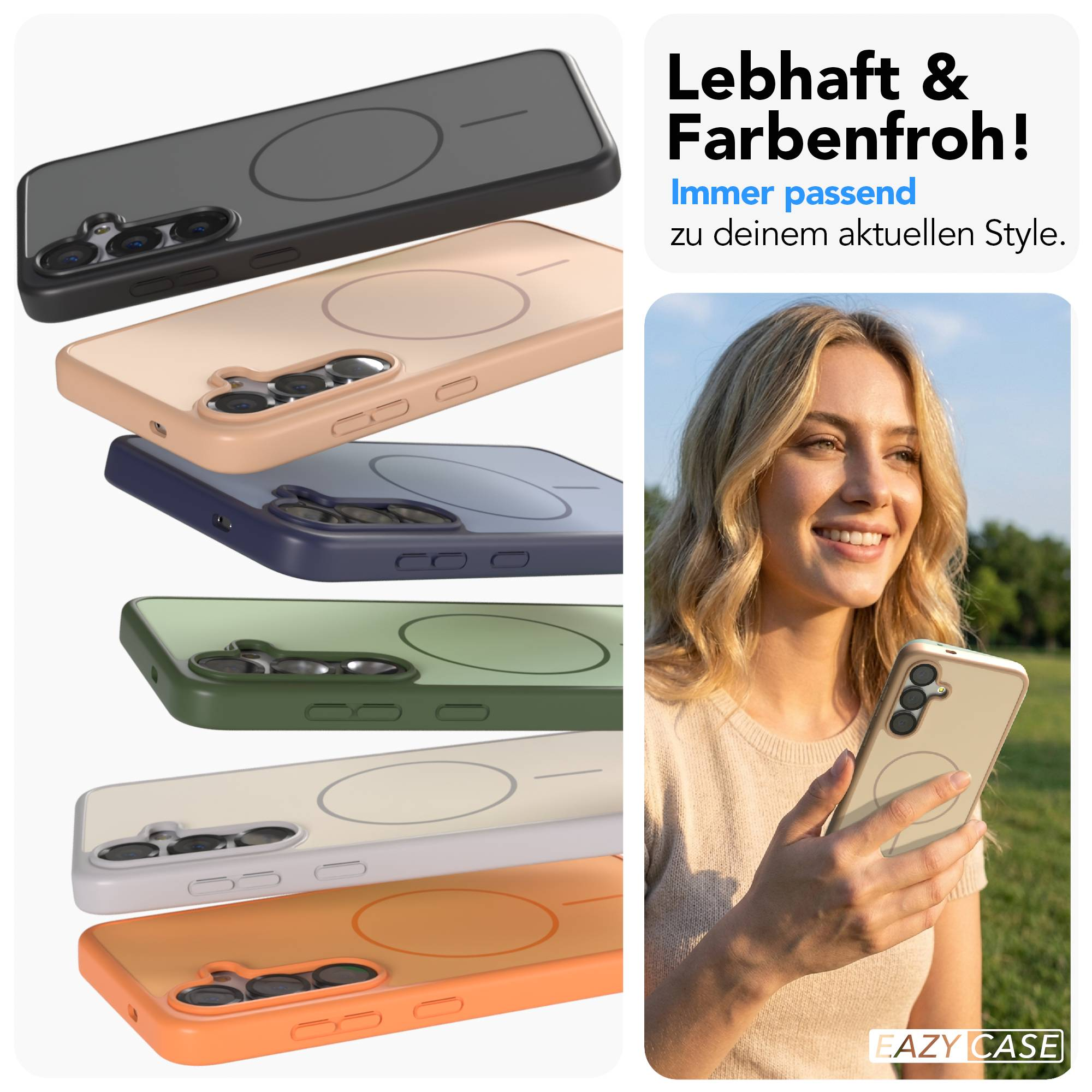 Mehrere bunte Handyhüllen und eine Frau mit einem Handy.