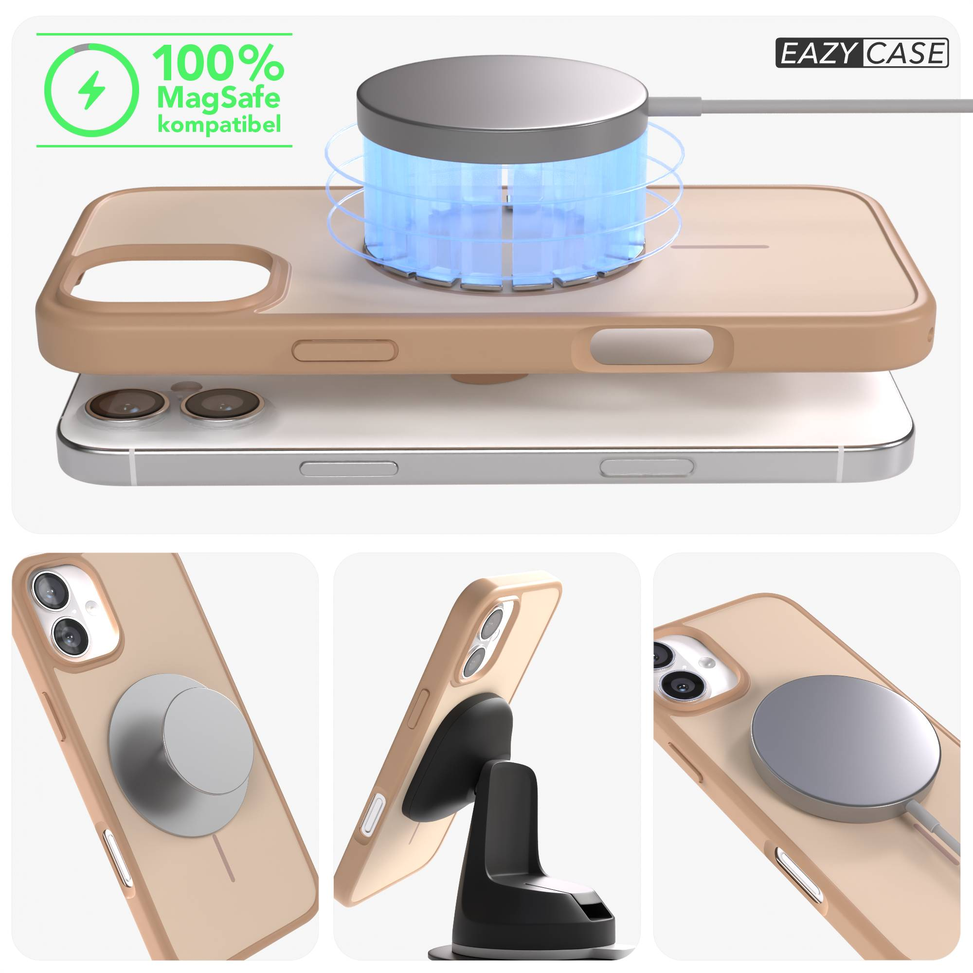 Ein Handy mit braunem MagSafe-kompatiblem Case wird kabellos geladen.