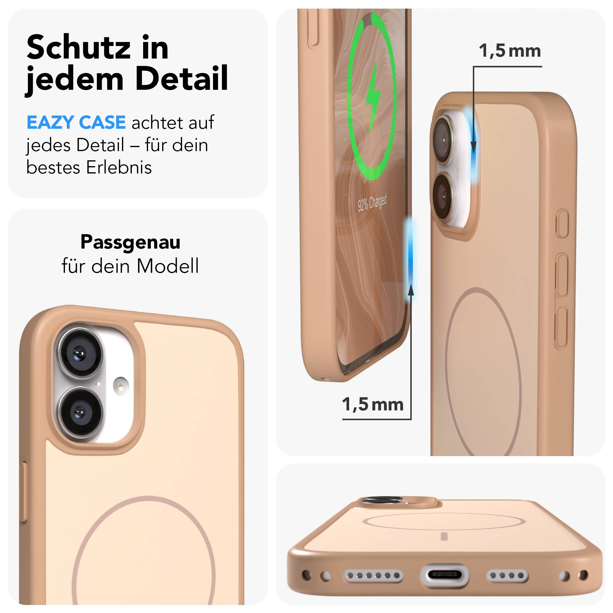 Ein hellbraunes Handycase mit präzisen Ausschnitten und 1,5mm erhöhten Kanten.