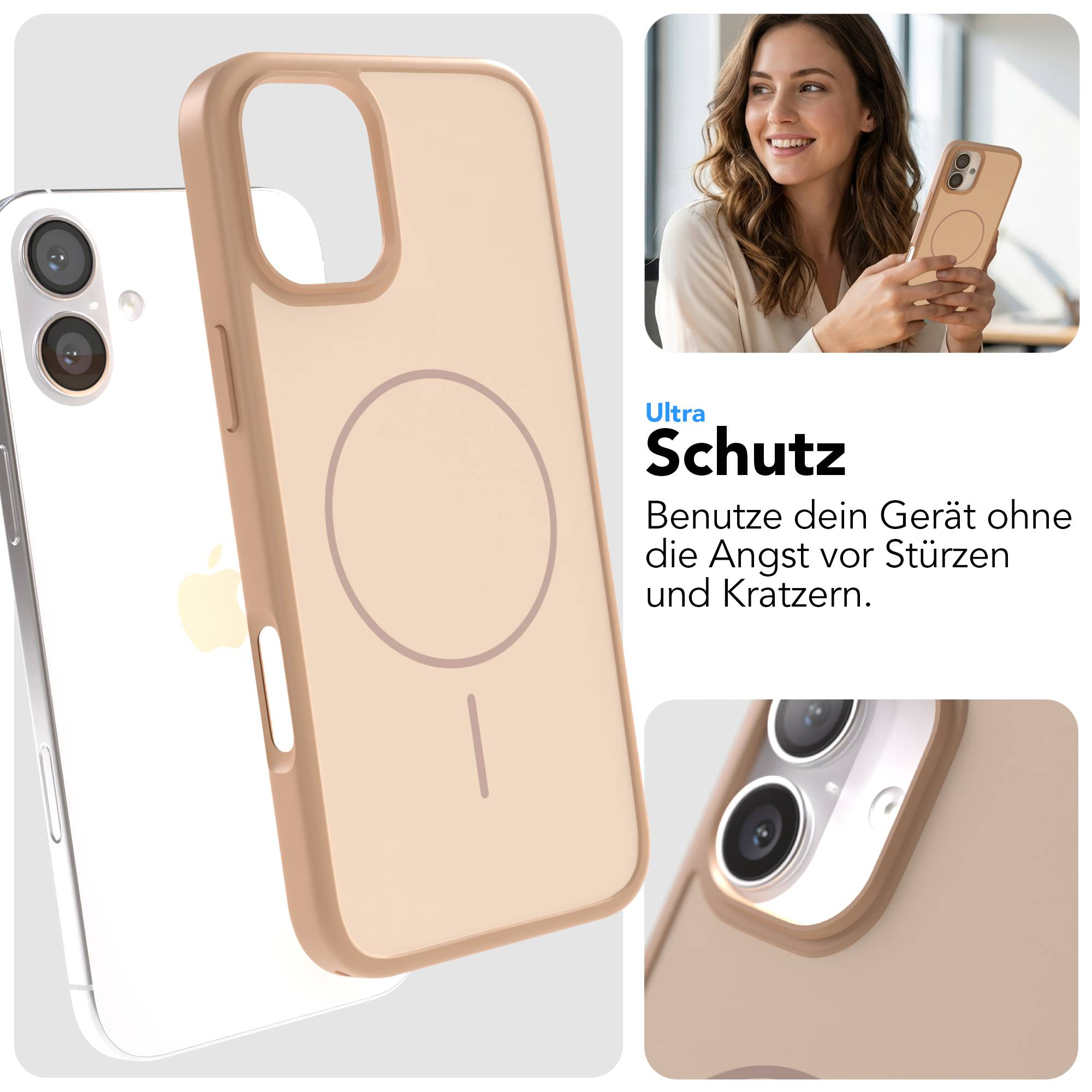 Ein beigefarbenes Handycase mit einer Frau, die ein Handy hält.