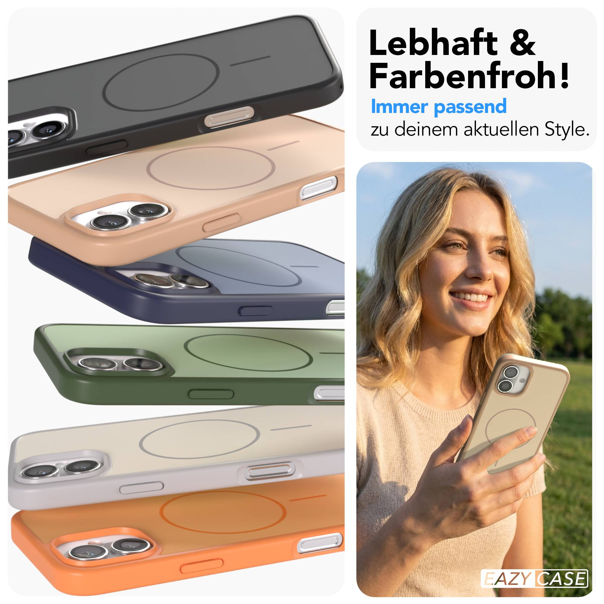 Eine Frau hält ein Handy mit einer hellbeigen Hülle. Mehrere Hüllen sind gestapelt.