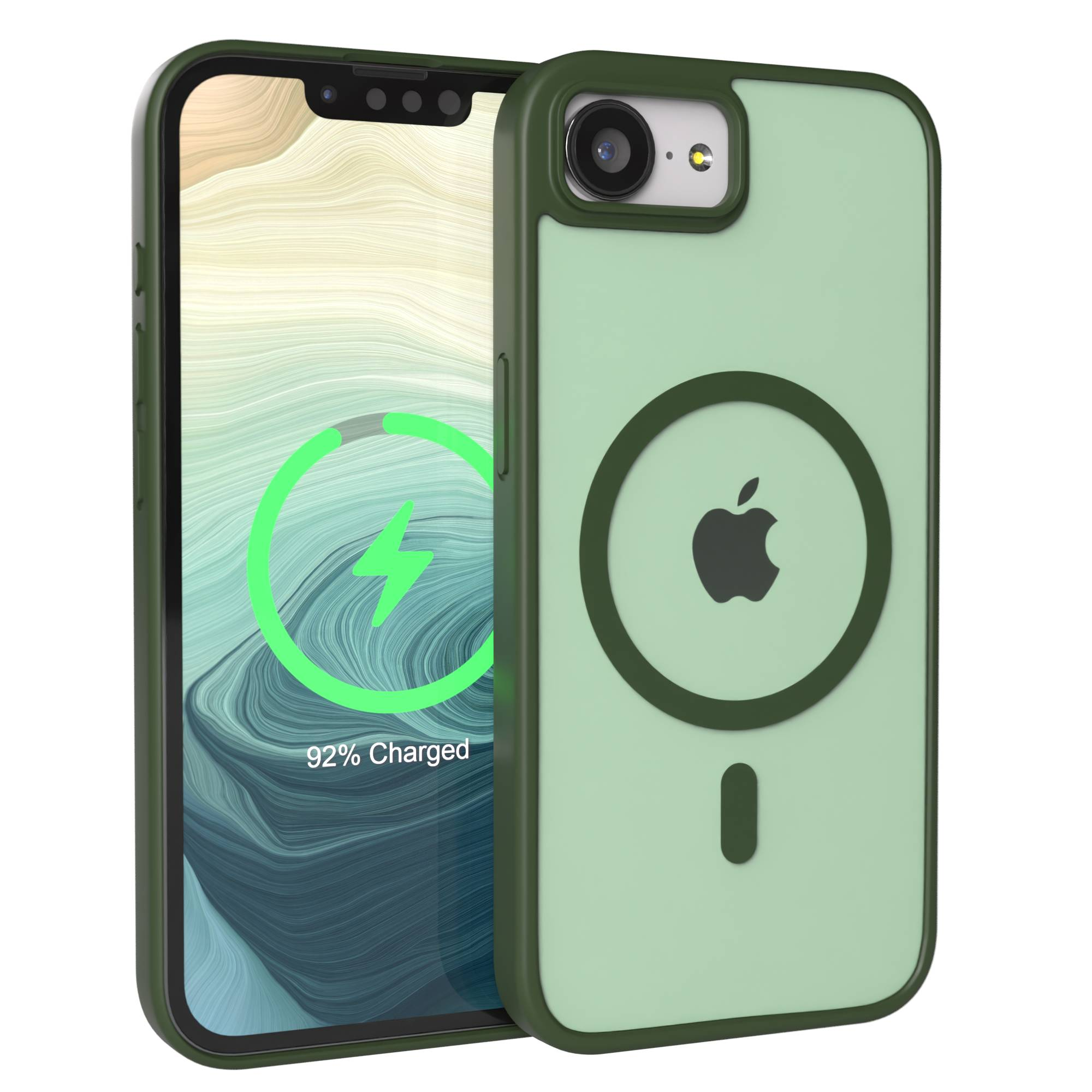 Grünes iPhone mit MagSafe Hülle, zeigt 92% Ladung an.