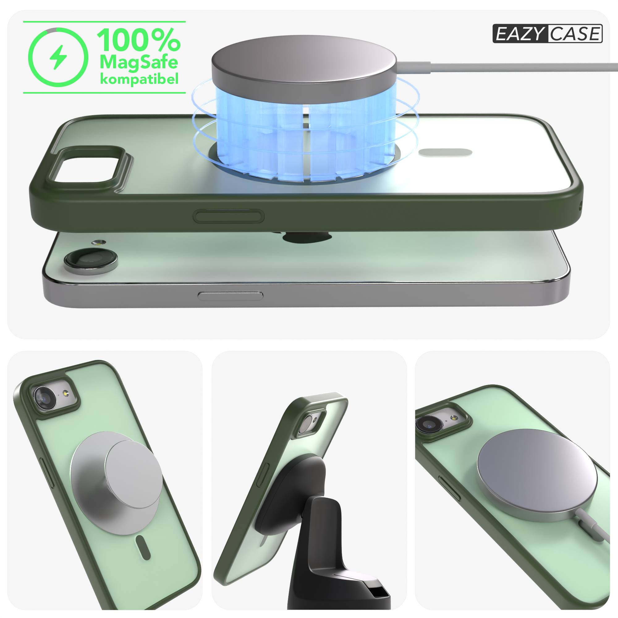 Grüne Handyhülle mit MagSafe-Ladegerät und Ständer. 100% kompatibel.