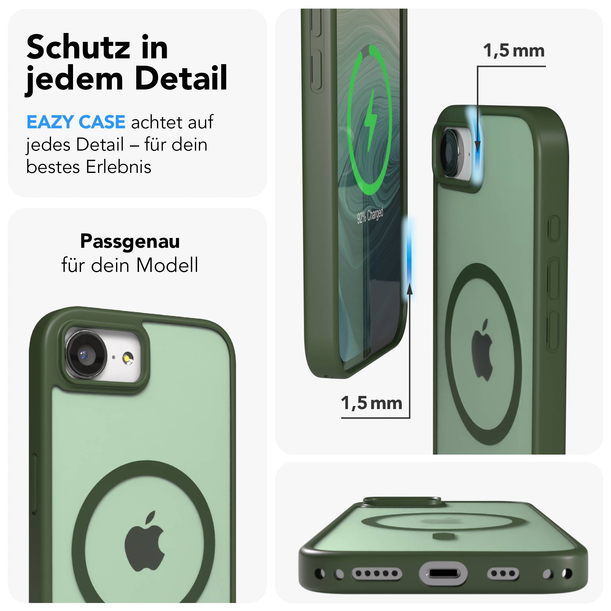 Grüne Handyhülle mit Apple-Logo, Ladeanzeige und 1,5mm Erhöhung.