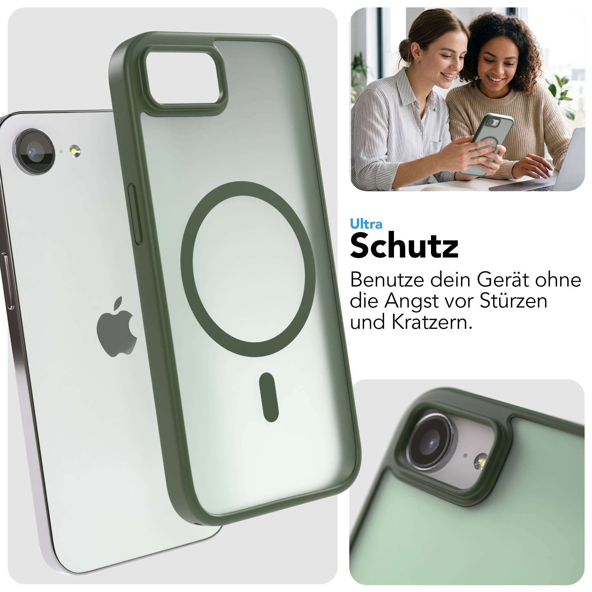 Eine grüne Handyhülle mit MagSafe-Kreis liegt neben einem iPhone.