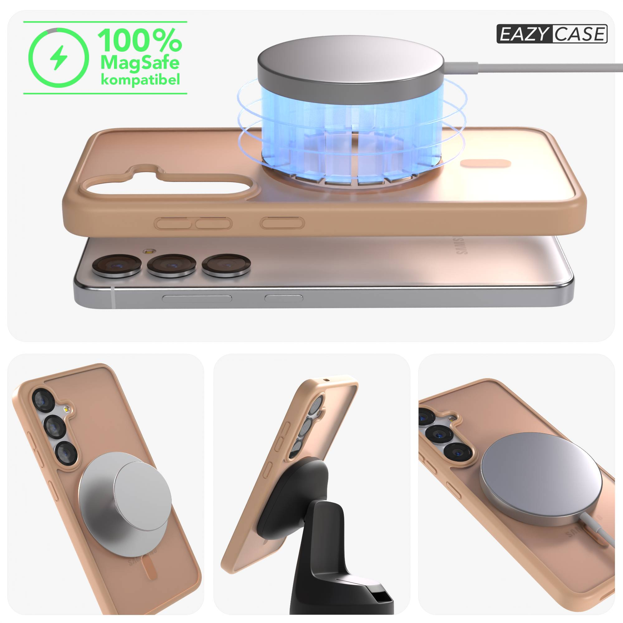 Ein Handy mit Hülle wird kabellos geladen. MagSafe-kompatibel.