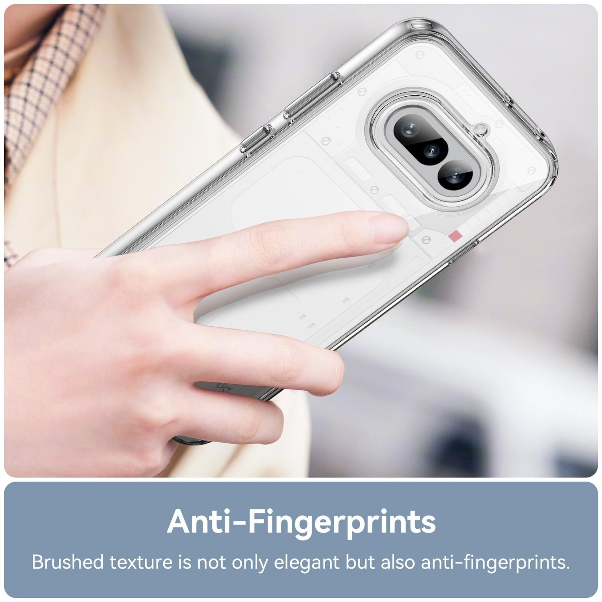 Klare Handyhülle mit zwei Kameras und einem Finger, der das Display berührt.