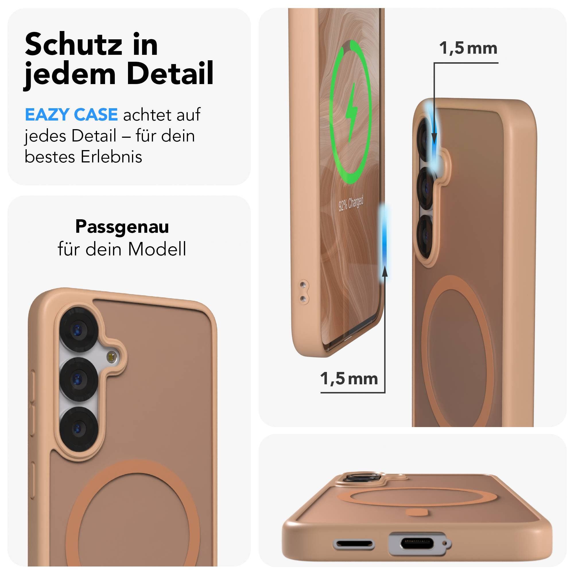 Eine Handyhülle in Roségold mit Kameraausschnitt und Ladeanzeige.