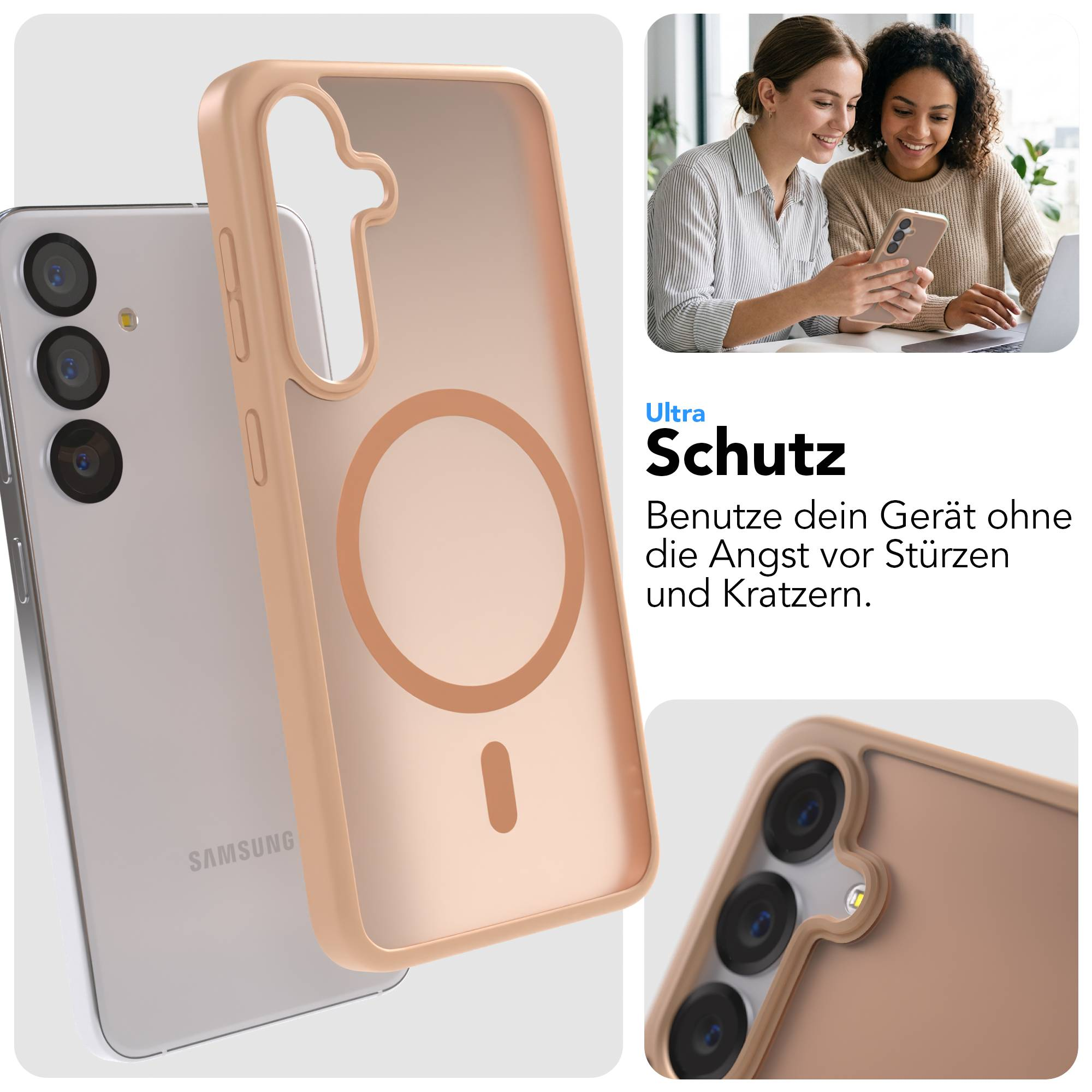 Ein Handy mit einer Schutzhülle und zwei Frauen, die ein Handy betrachten.