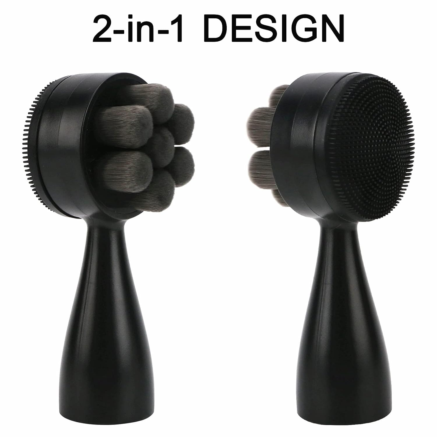 Schwarste 2-in-1 Gesichtsreinigungsbürste mit weichen Borsten und Silikonnoppen.