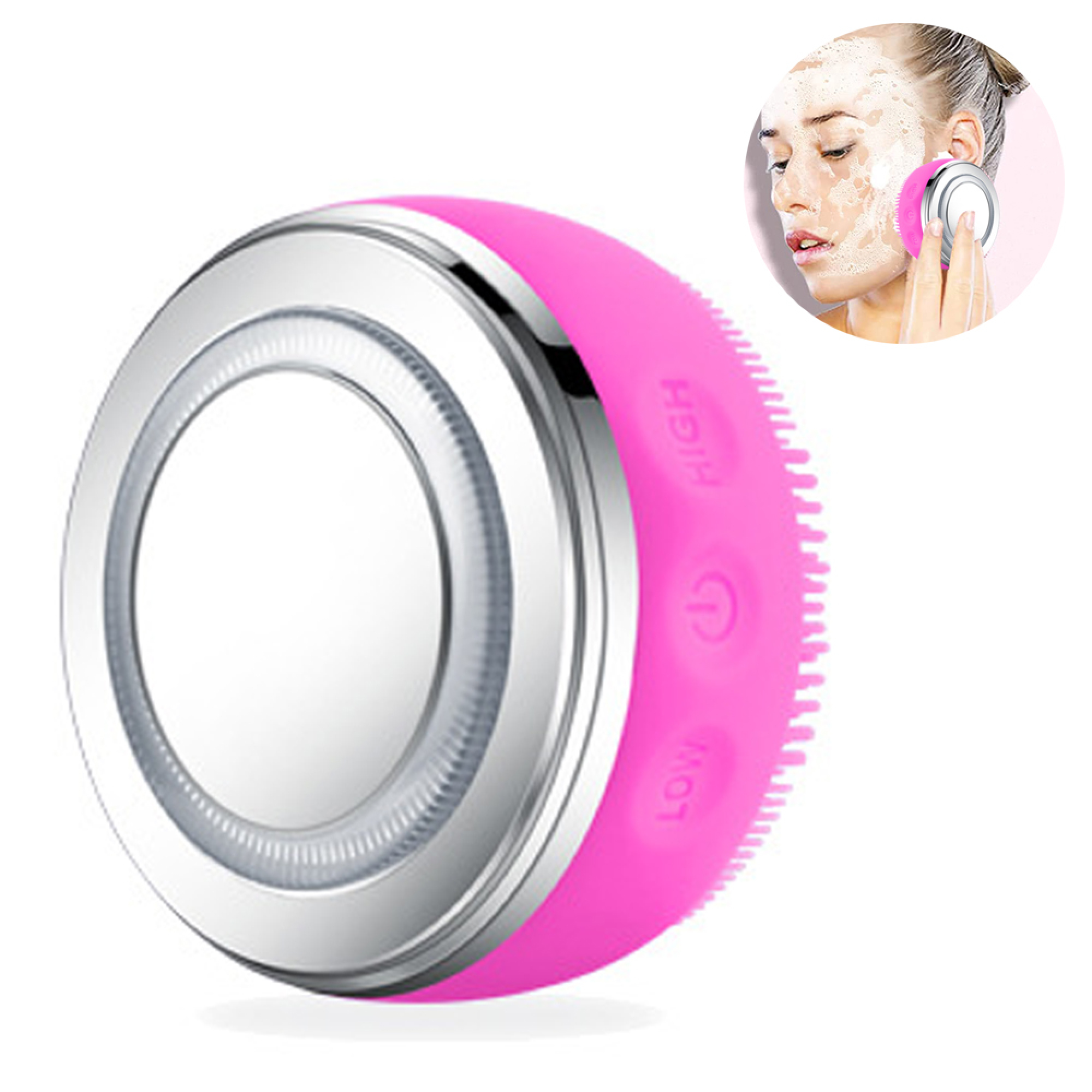 Ein pinker Gesichtsreinigungsbürstenkopf mit silbernem Ring und Symbolen.
