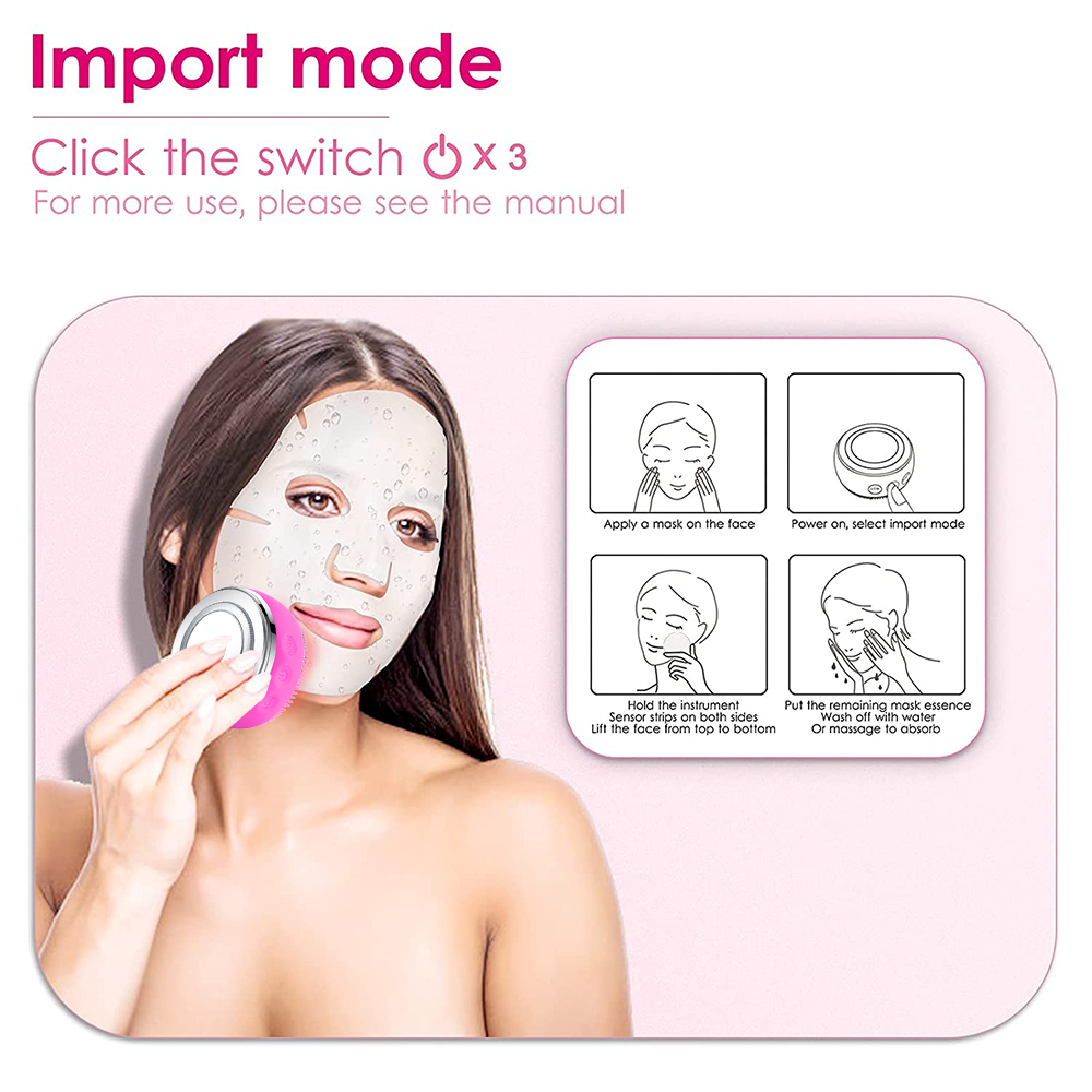 Frau mit Gesichtsmaske und Gerät. Anleitungsdiagramme zeigen Schritte.