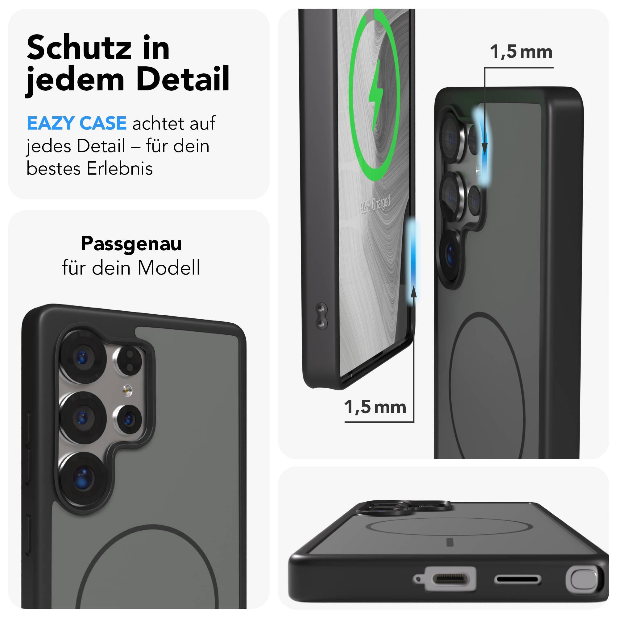 Schwarzes Handycase mit Kamera-Ausschnitt und Ladeanzeige. 1,5 mm Dicke.