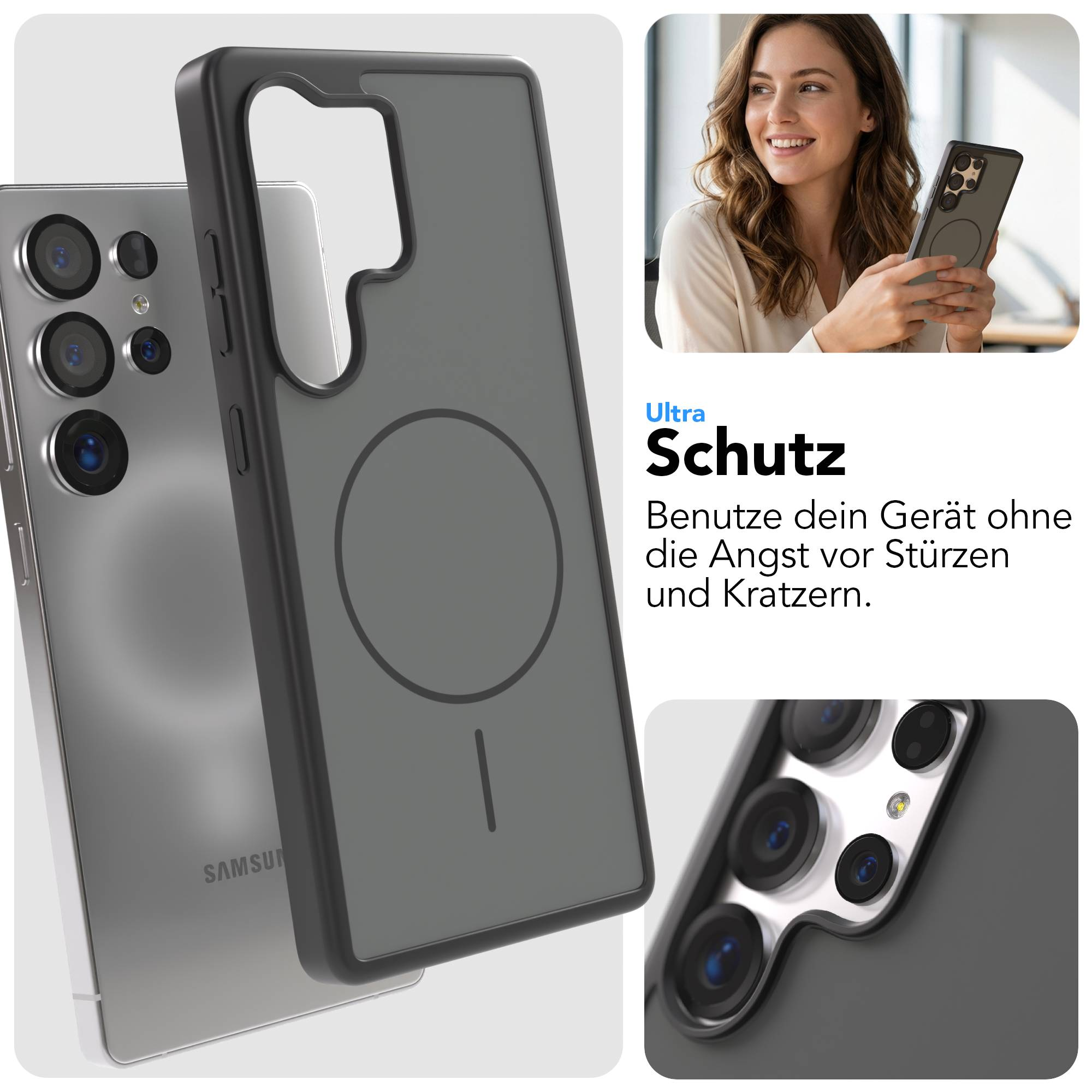 Graue Handyhülle mit Magnetring auf einem silbernen Smartphone.