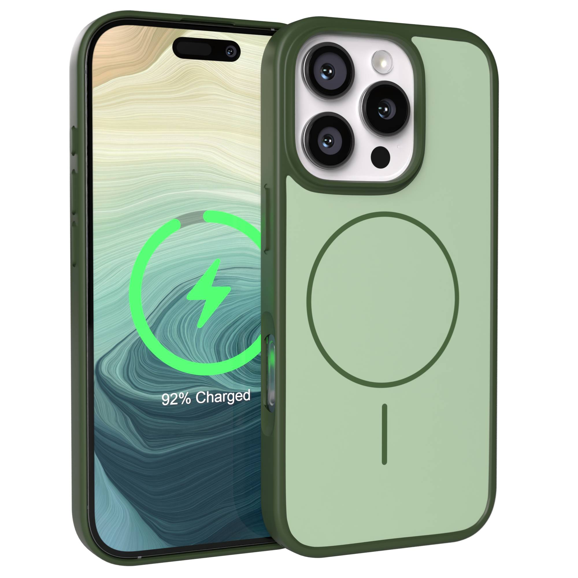 Ein grünes Handy mit einem Ladeanzeigesymbol und 92% Ladung.