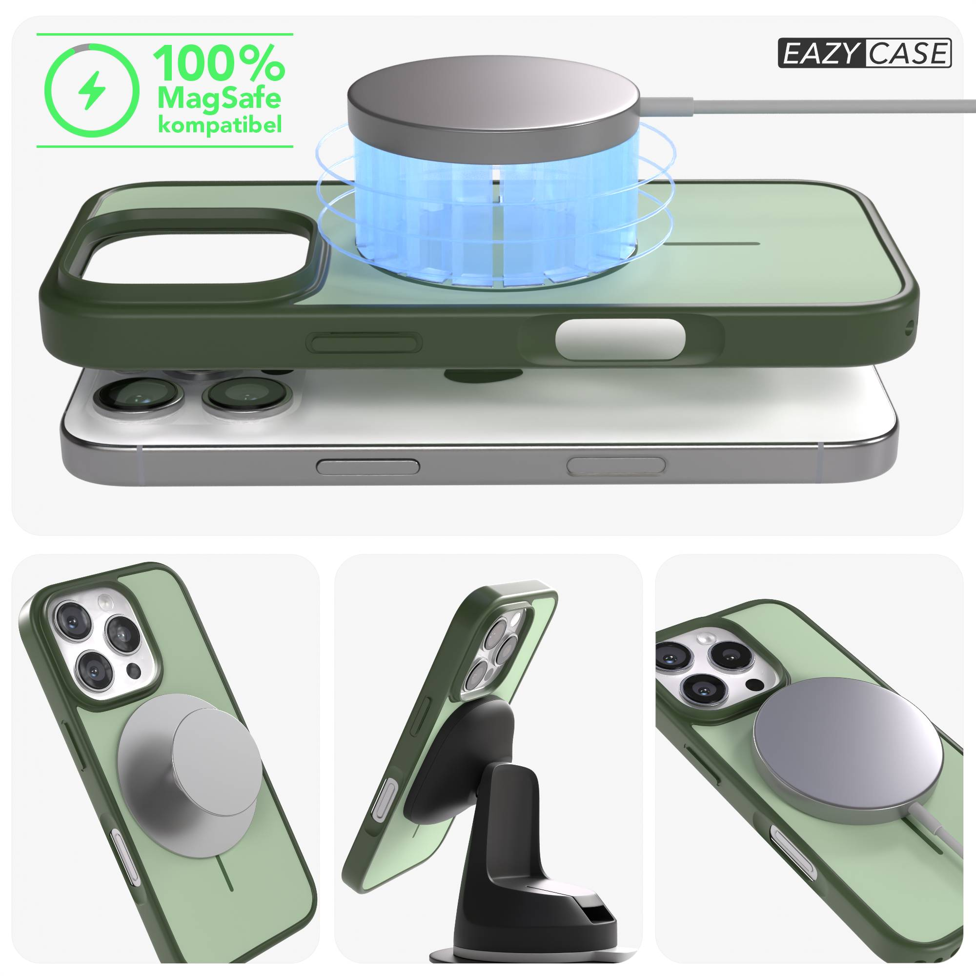 Grüne iPhone-Hülle mit MagSafe-Ladegerät und Ständer.